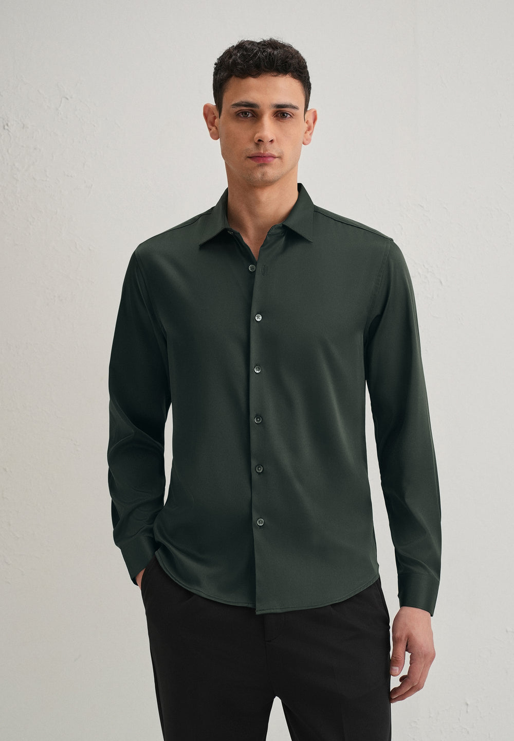Dark Green Satin-Finish Plain Shirt