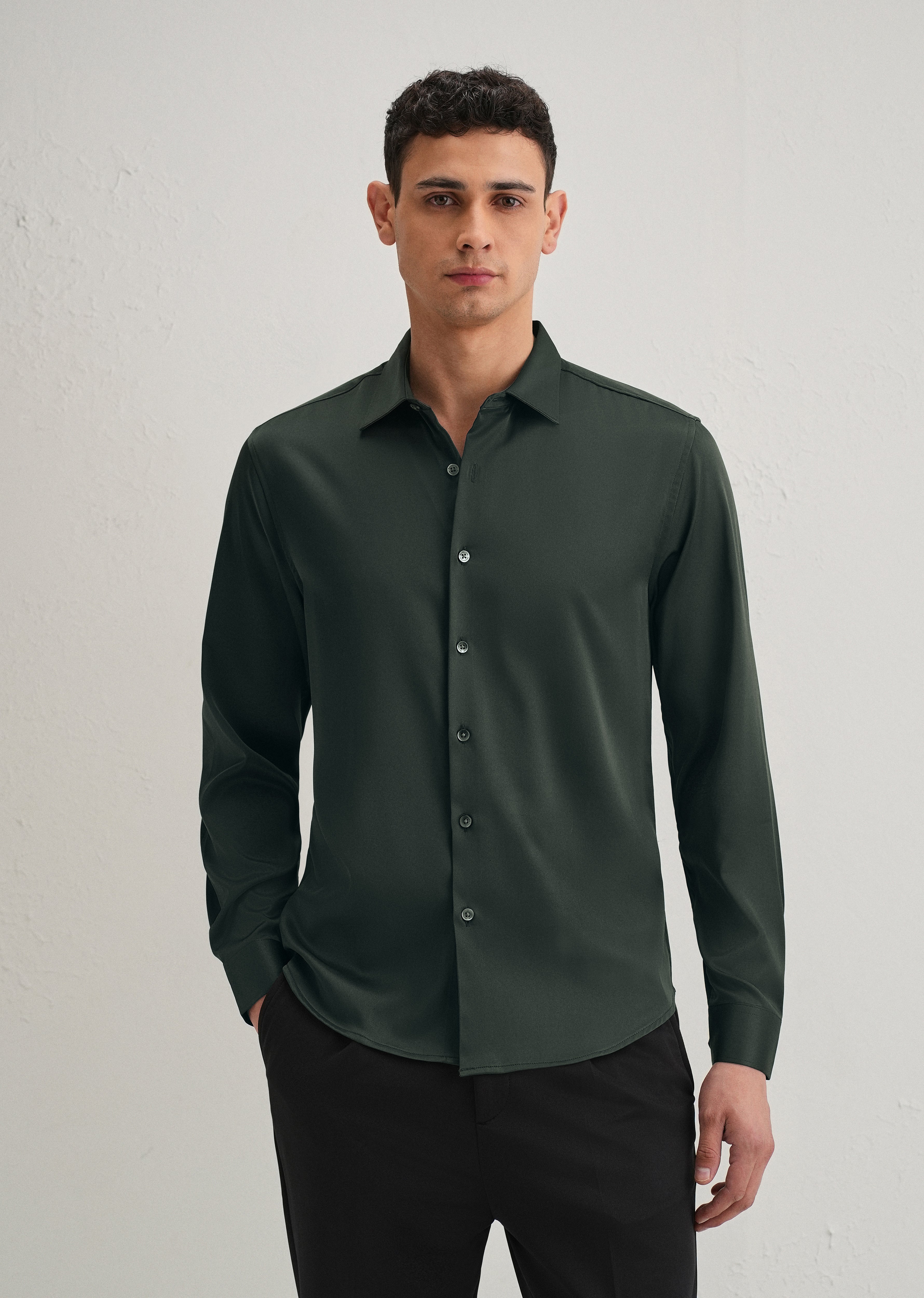 Dark Green Satin-Finish Plain Shirt
