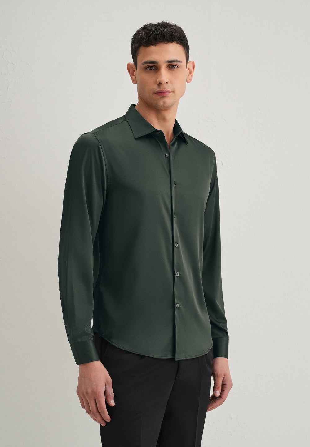 Dark Green Satin-Finish Plain Shirt