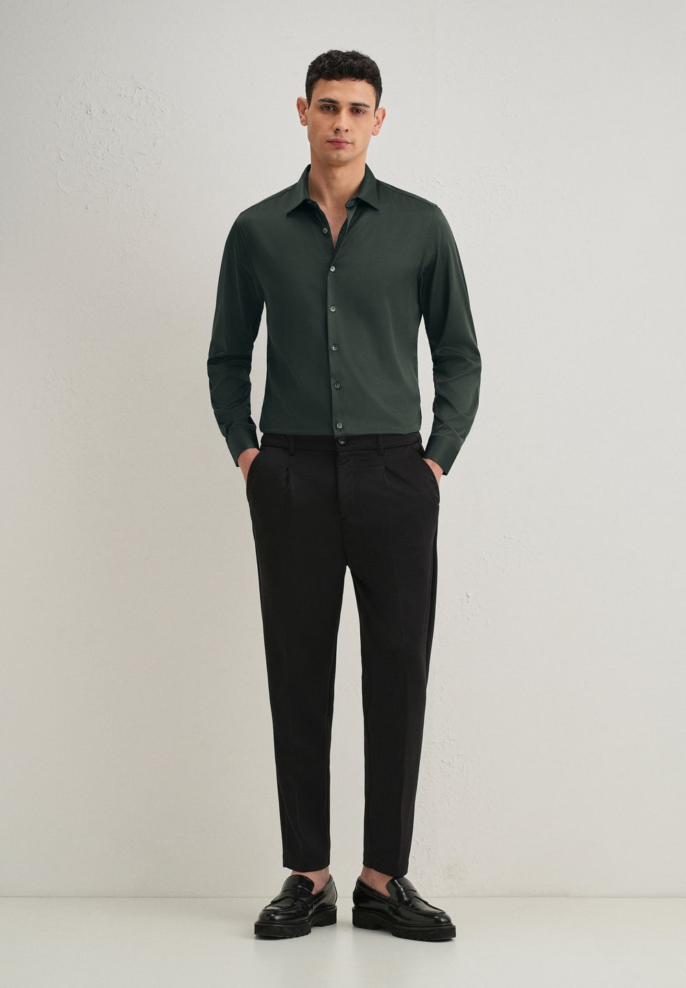 Dark Green Satin-Finish Plain Shirt