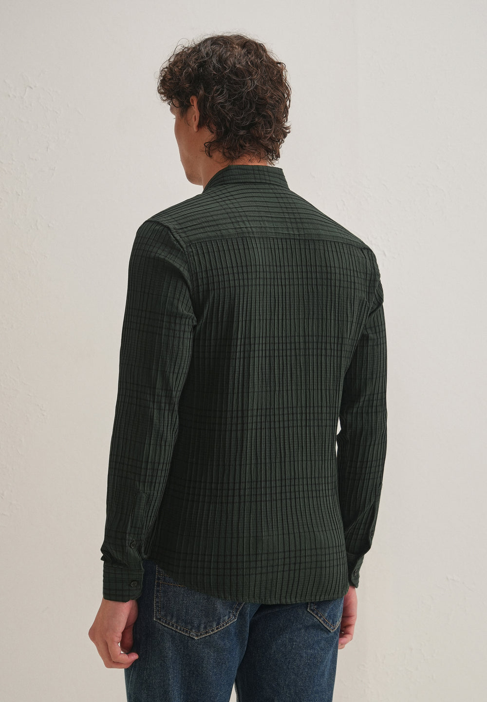 Dark Green Self-Pleated Check Shirt