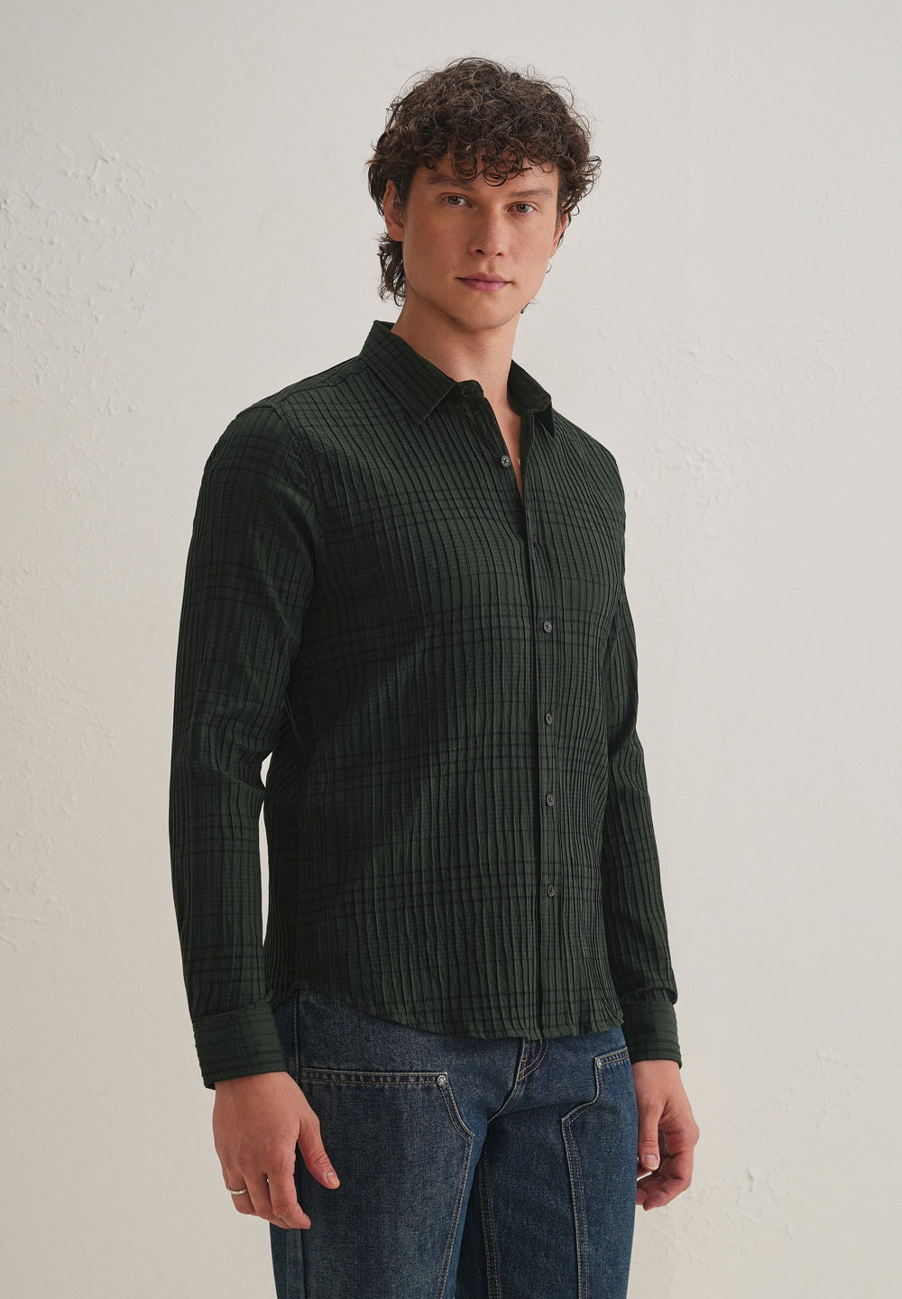 Dark Green Self-Pleated Check Shirt