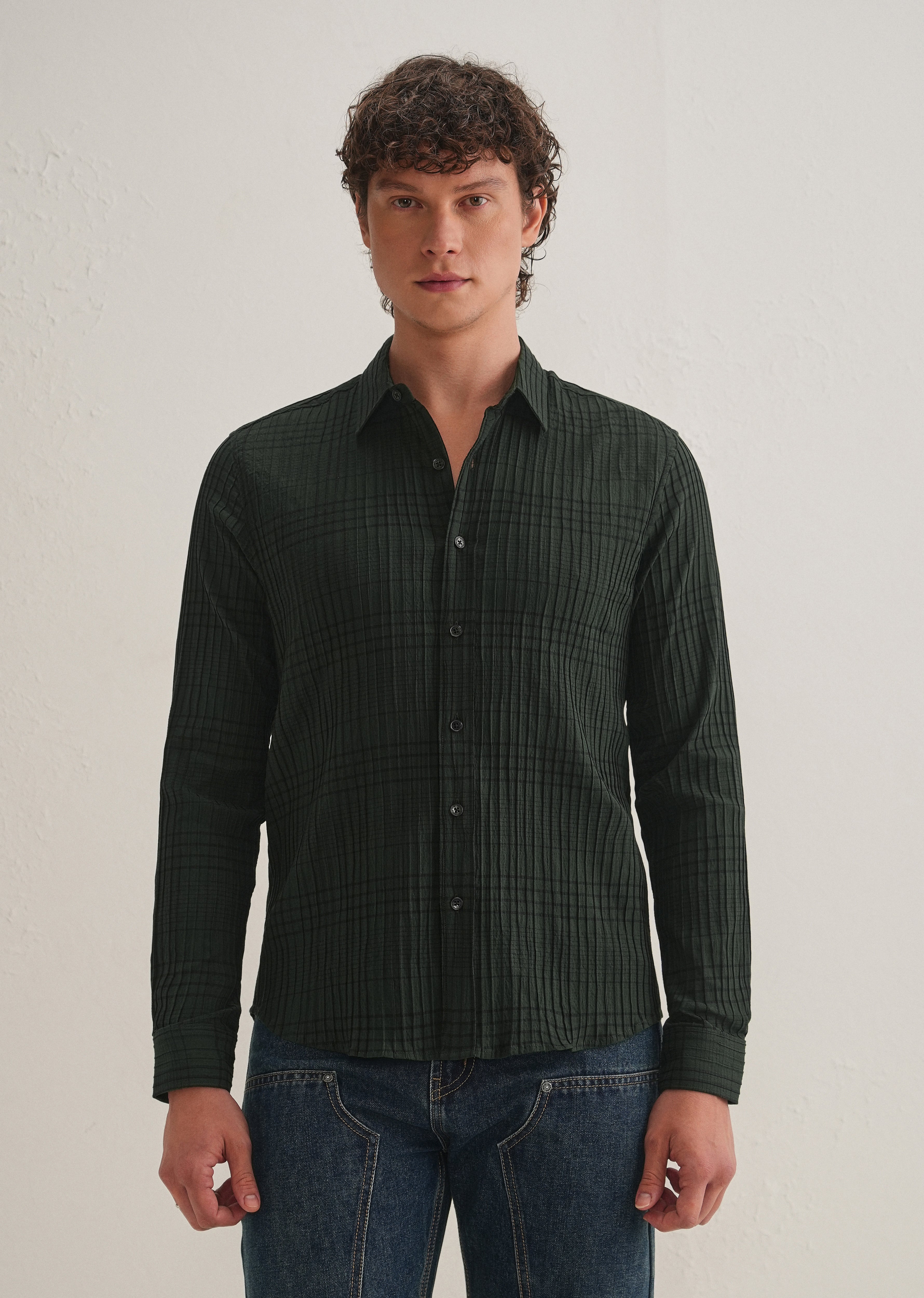 Dark Green Self-Pleated Check Shirt