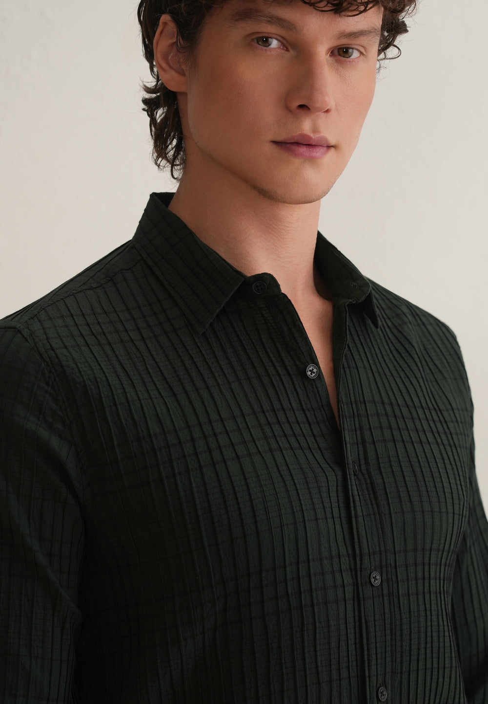 Dark Green Self-Pleated Check Shirt