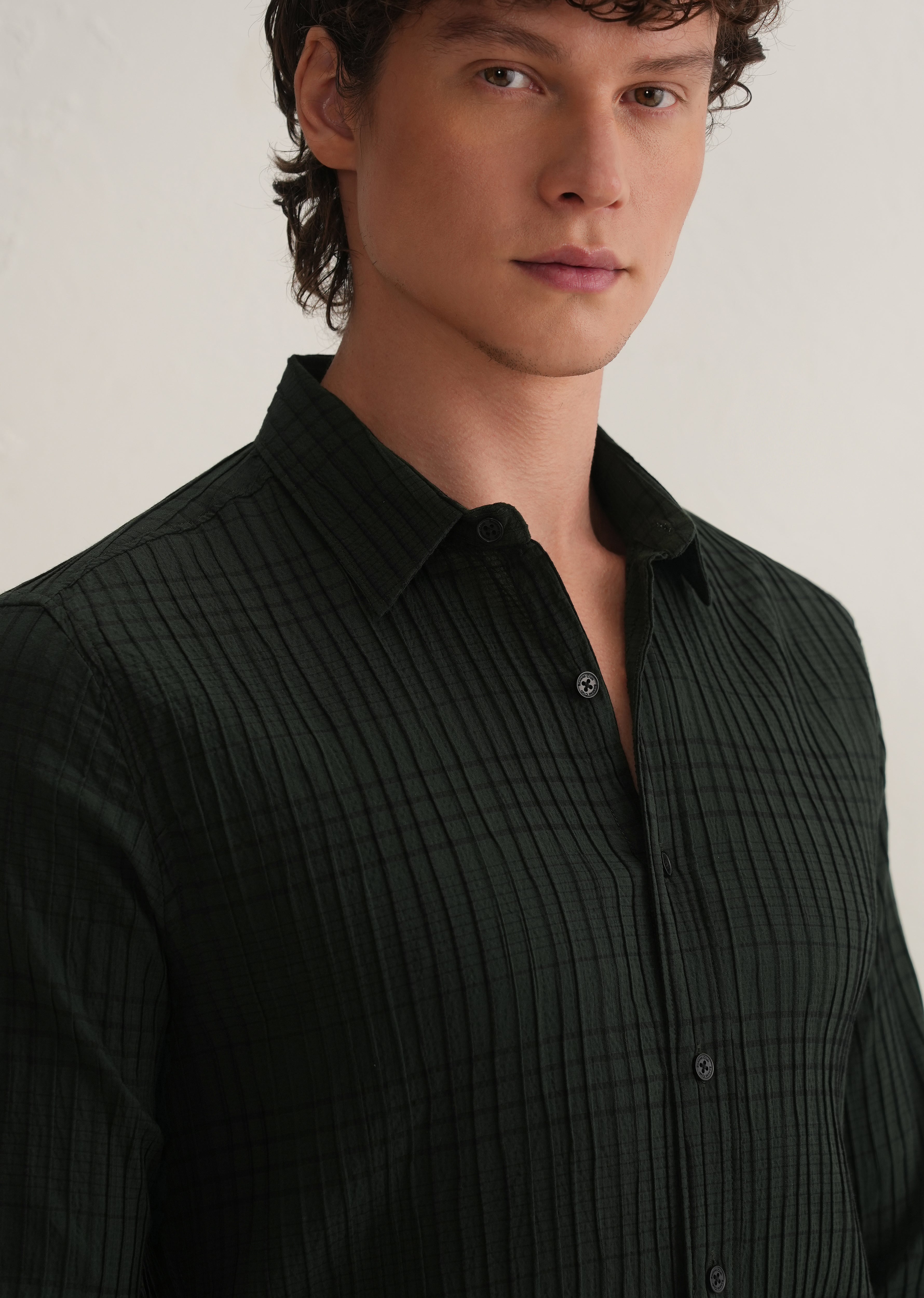 Dark Green Self-Pleated Check Shirt