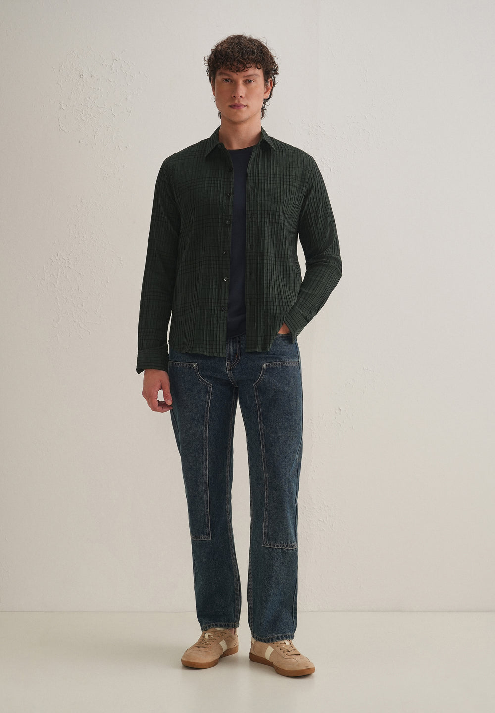 Dark Green Self-Pleated Check Shirt