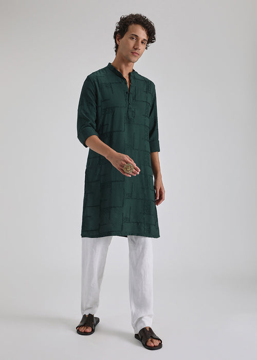 Dark Green Self Embroidered Kurta