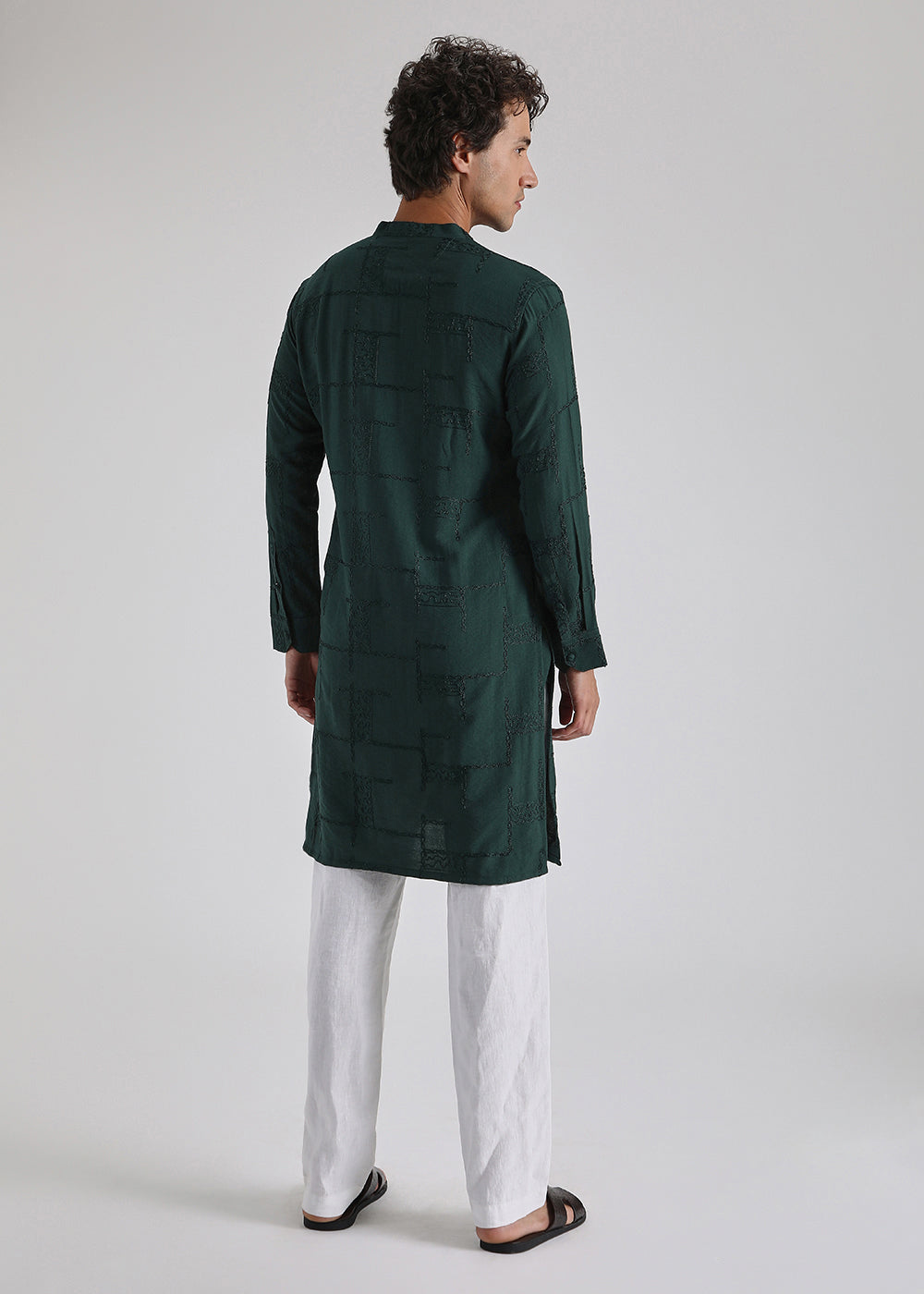 Dark Green Self Embroidered Kurta