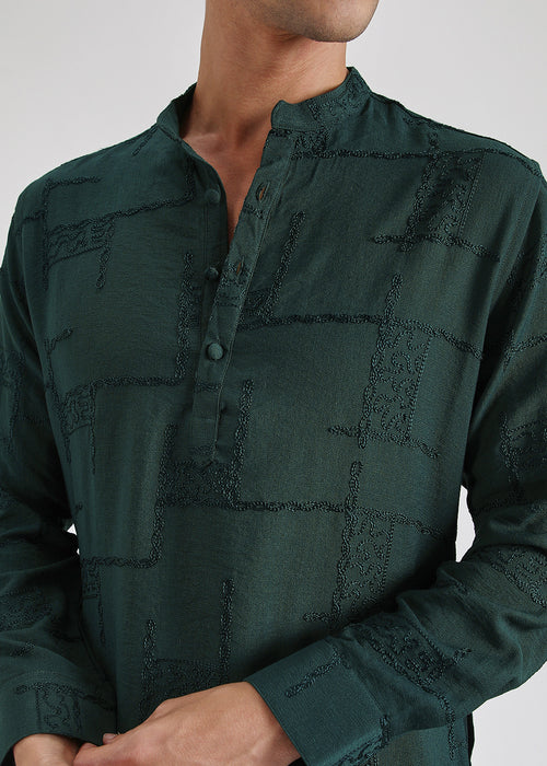 Dark Green Self Embroidered Kurta