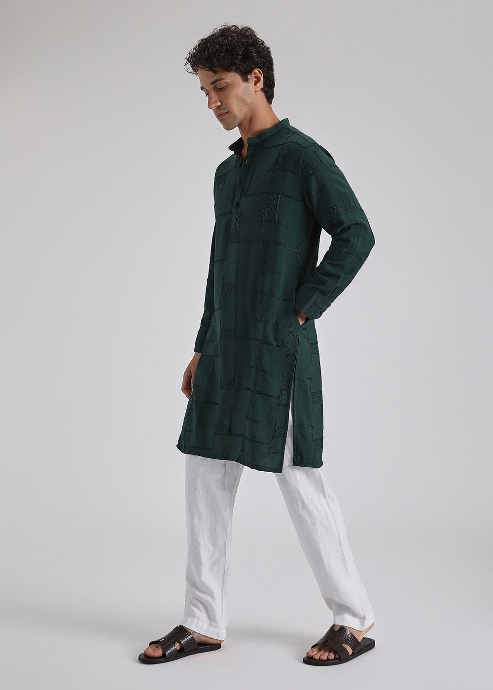 Dark Green Self Embroidered Kurta