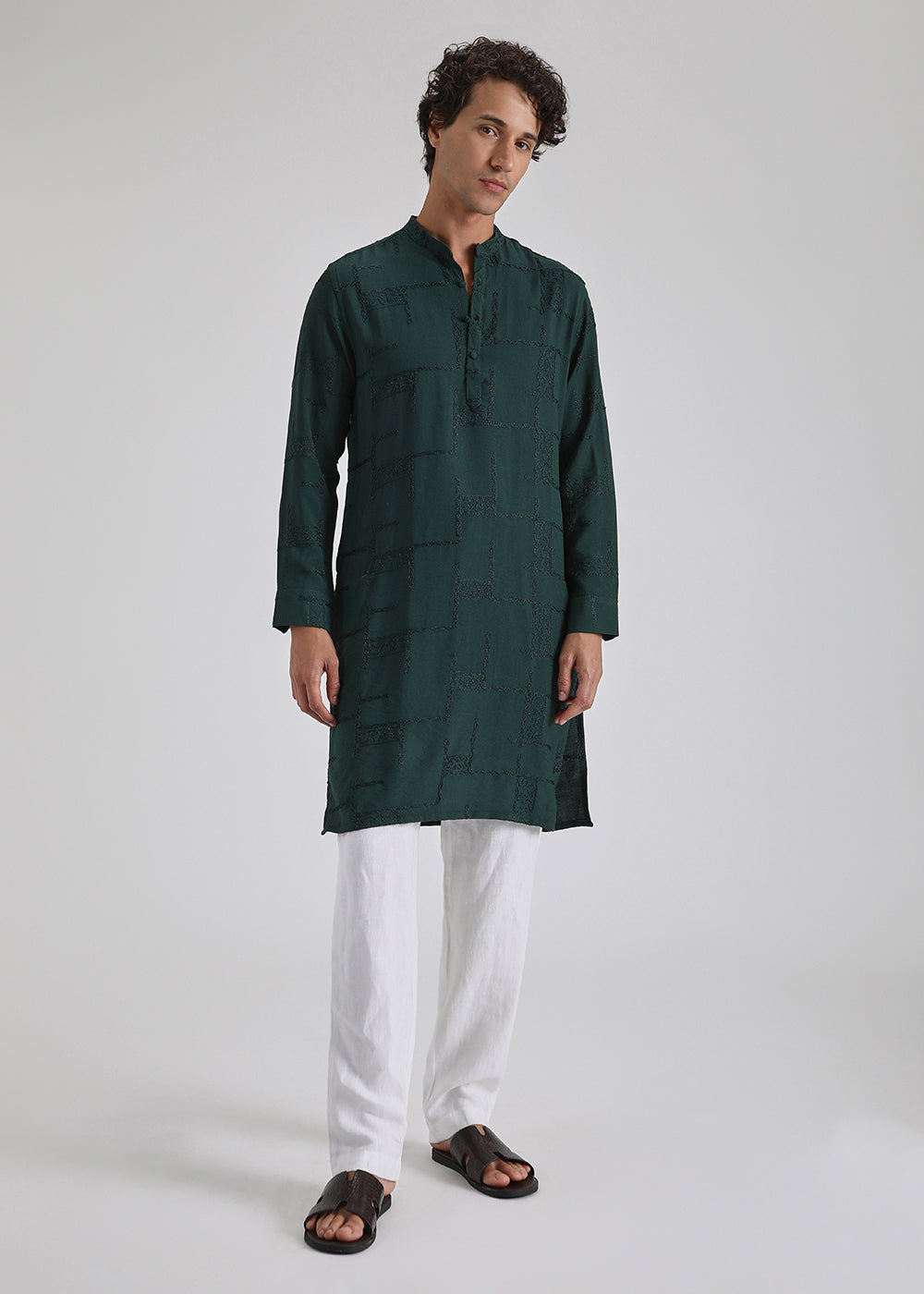 Dark Green Self Embroidered Kurta