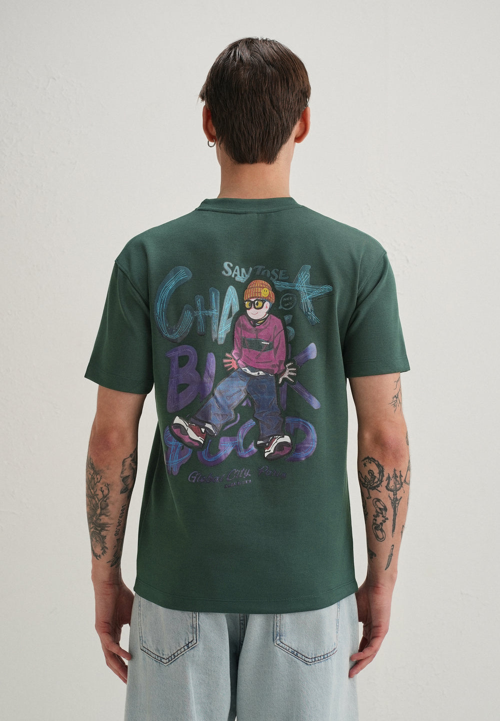 Dark Green Textured Back Print T-Shirt