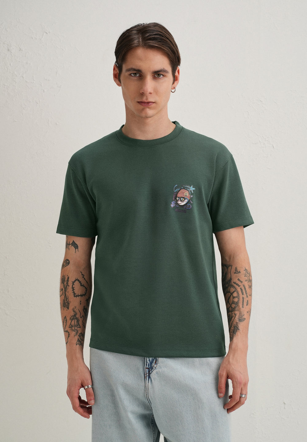 Dark Green Textured Back Print T-Shirt