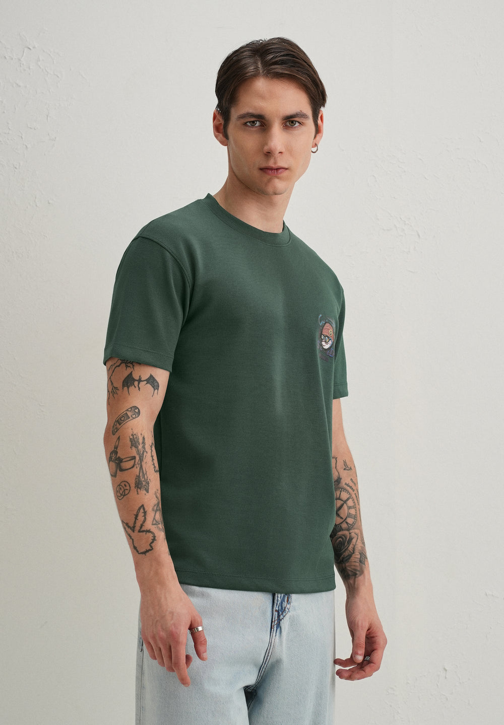 Dark Green Textured Back Print T-Shirt