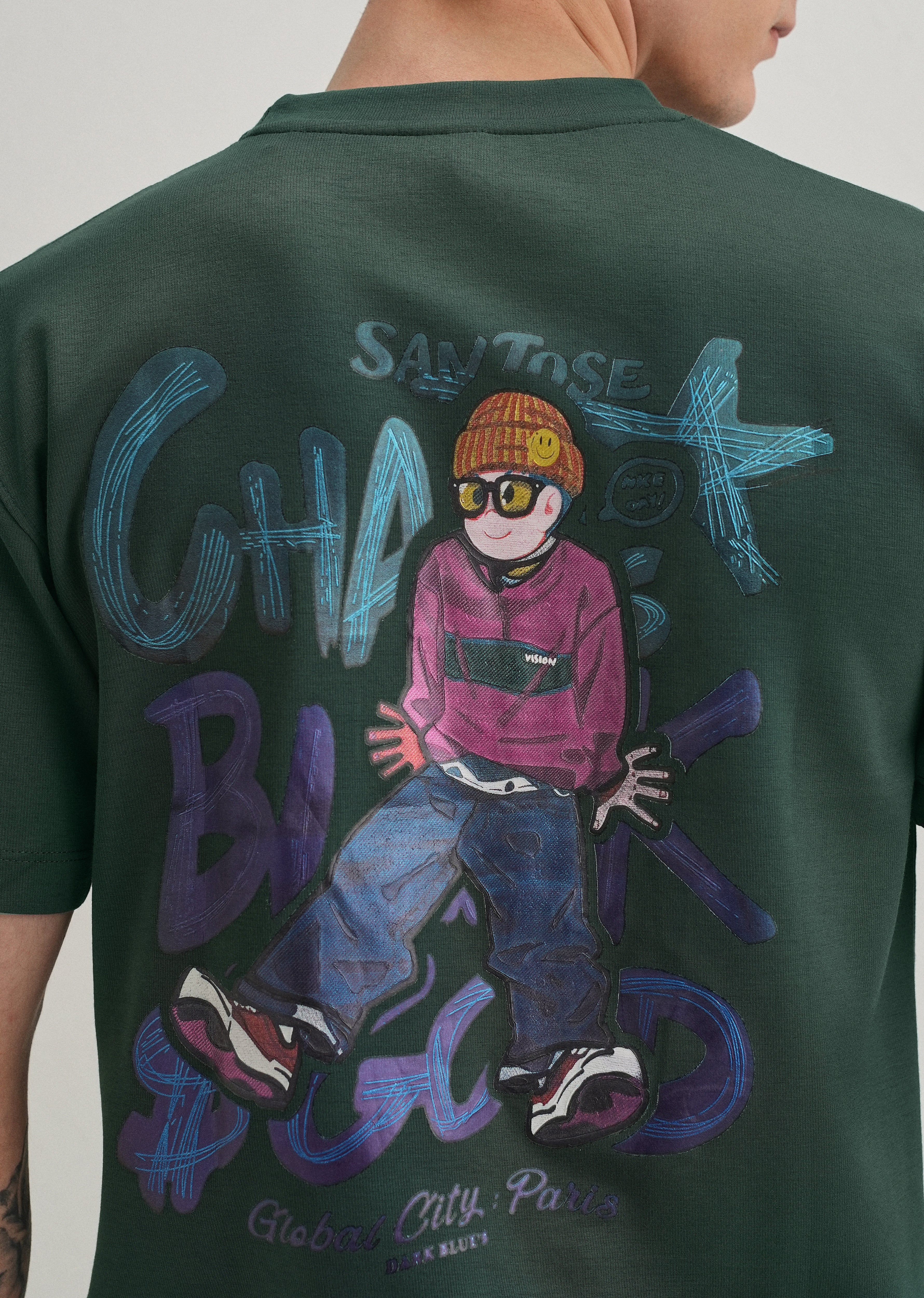 Dark Green Textured Back Print T-Shirt