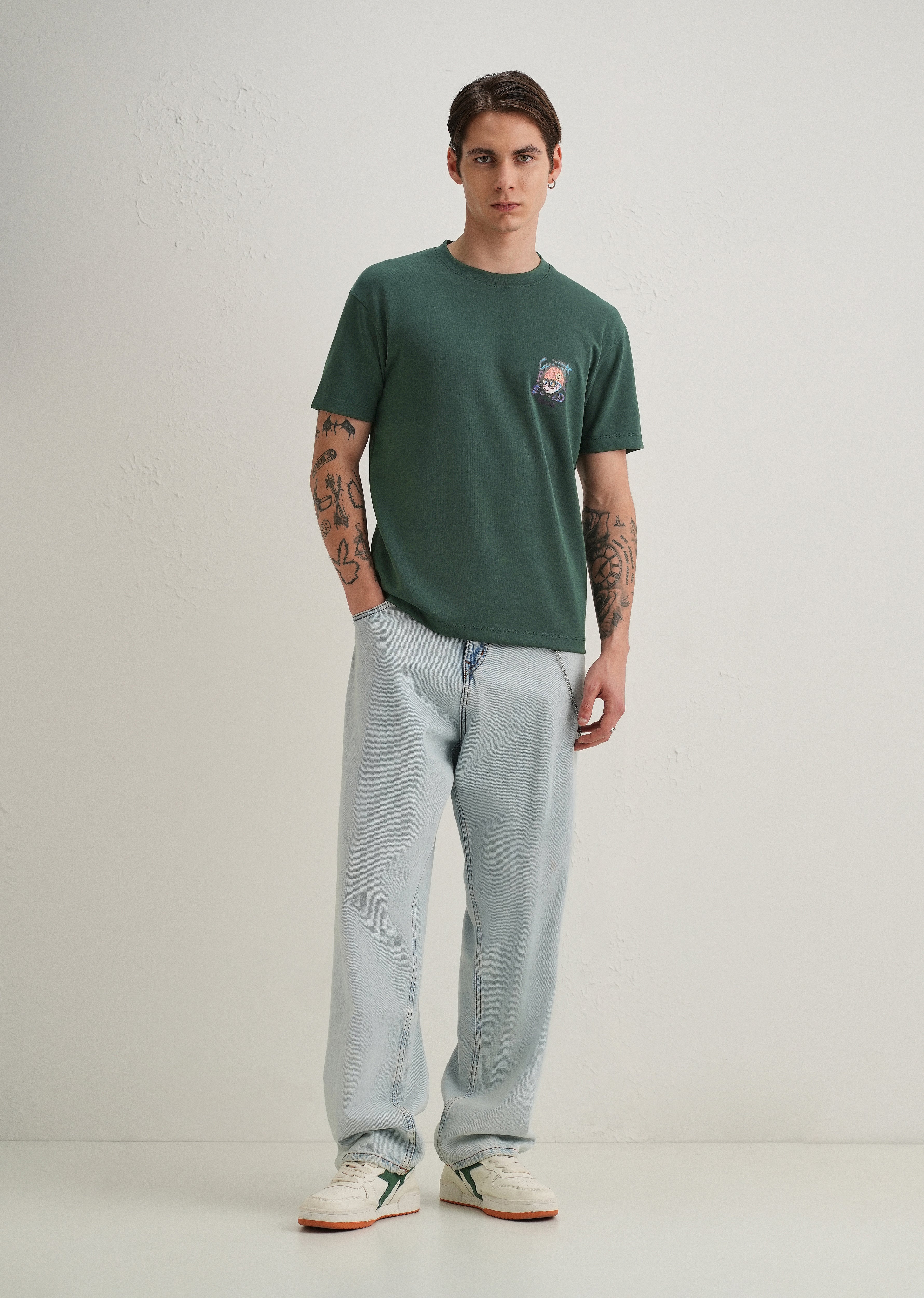 Dark Green Textured Back Print T-Shirt