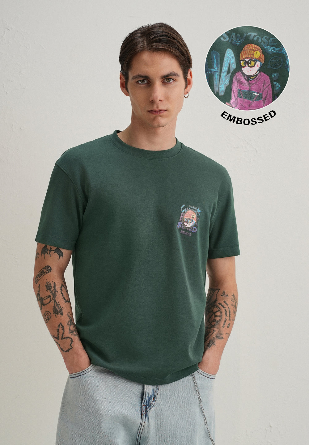 Dark Green Textured Back Print T-Shirt
