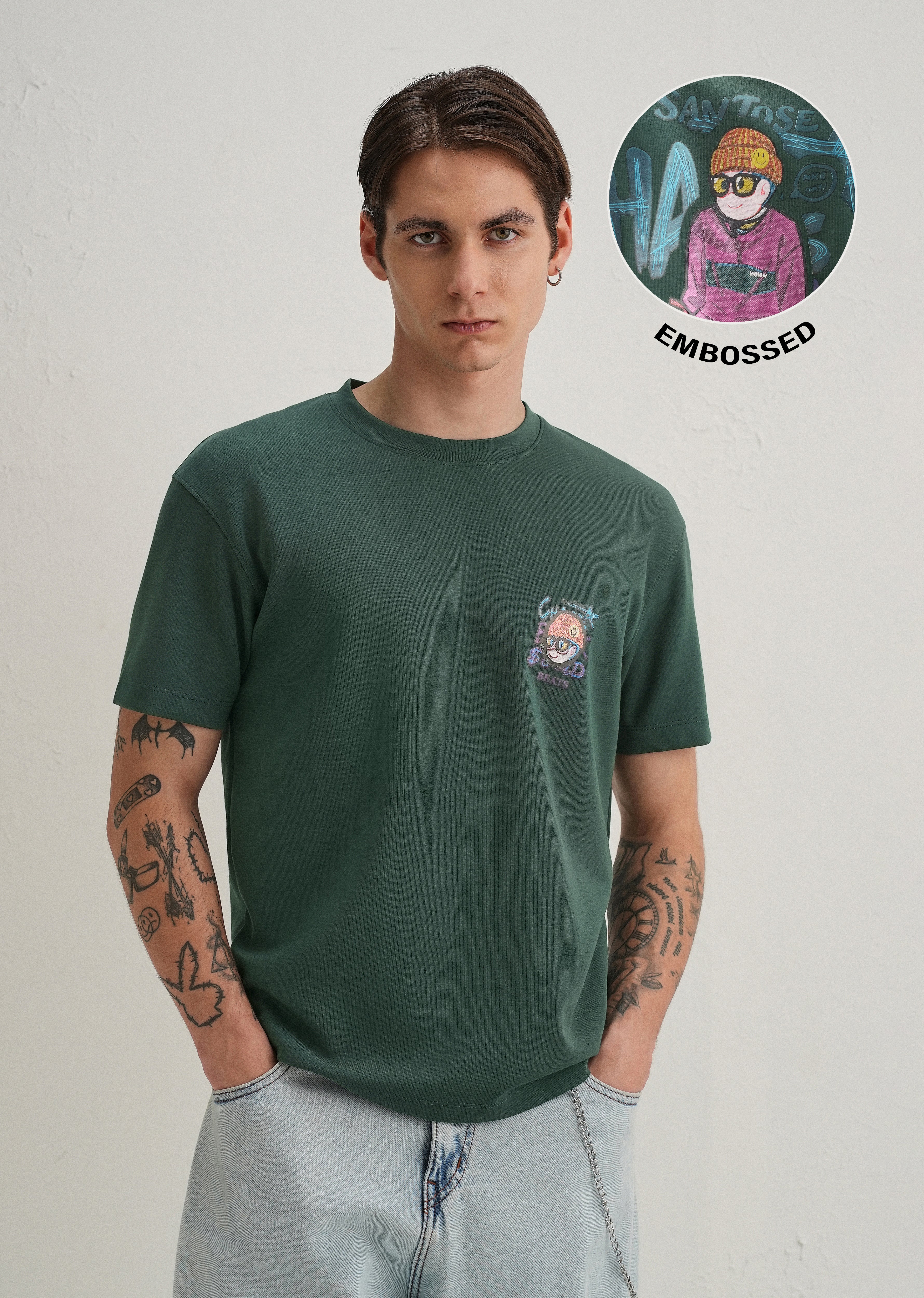 Dark Green Textured Back Print T-Shirt