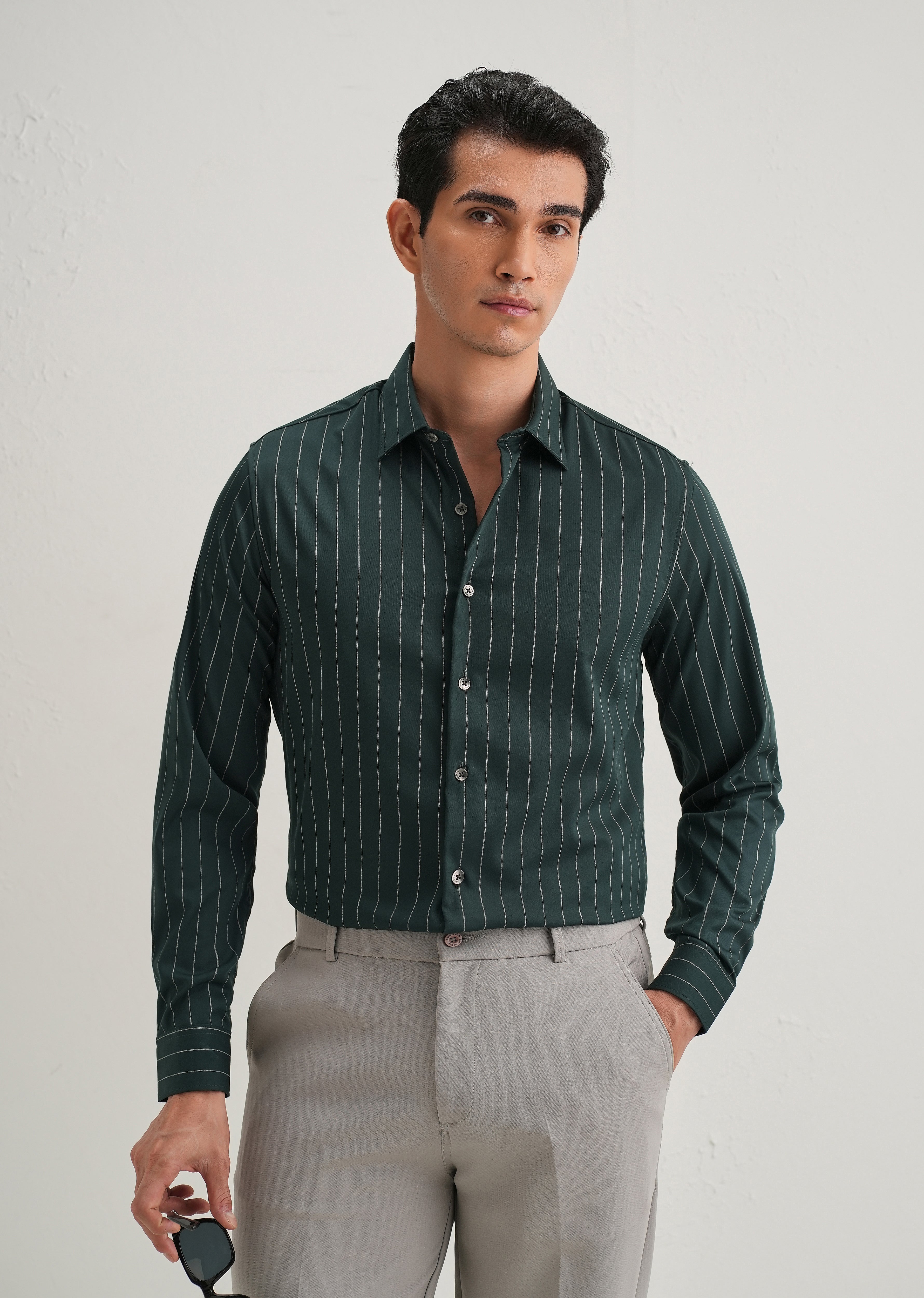 Dark Green Vertical Stripe Shirt