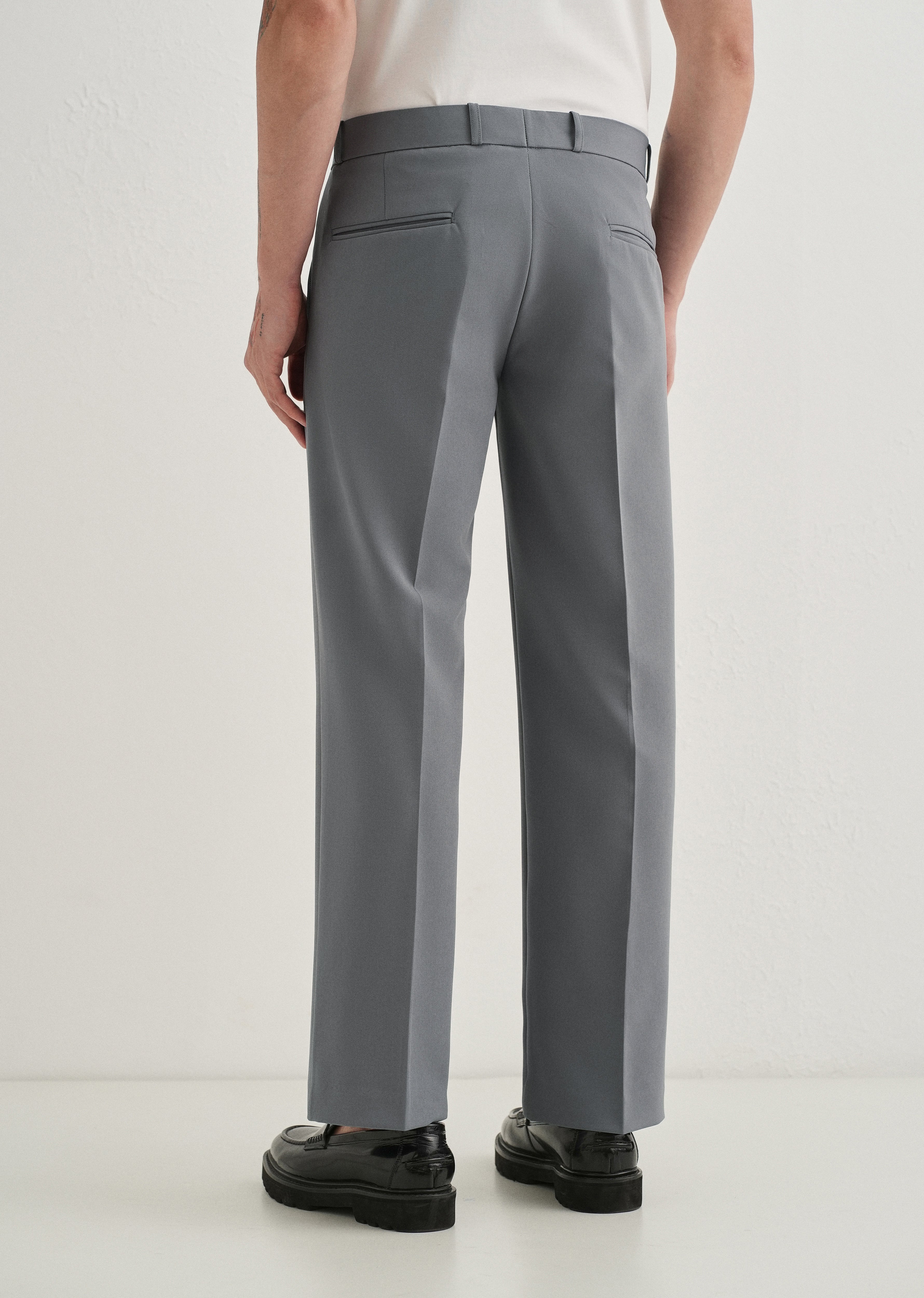 Dark Grey Button-Tab Pleat Trouser