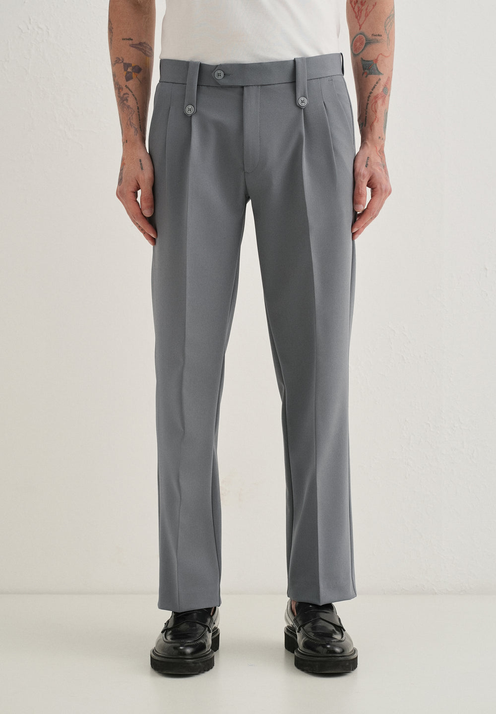 Dark Grey Button-Tab Pleat Trouser