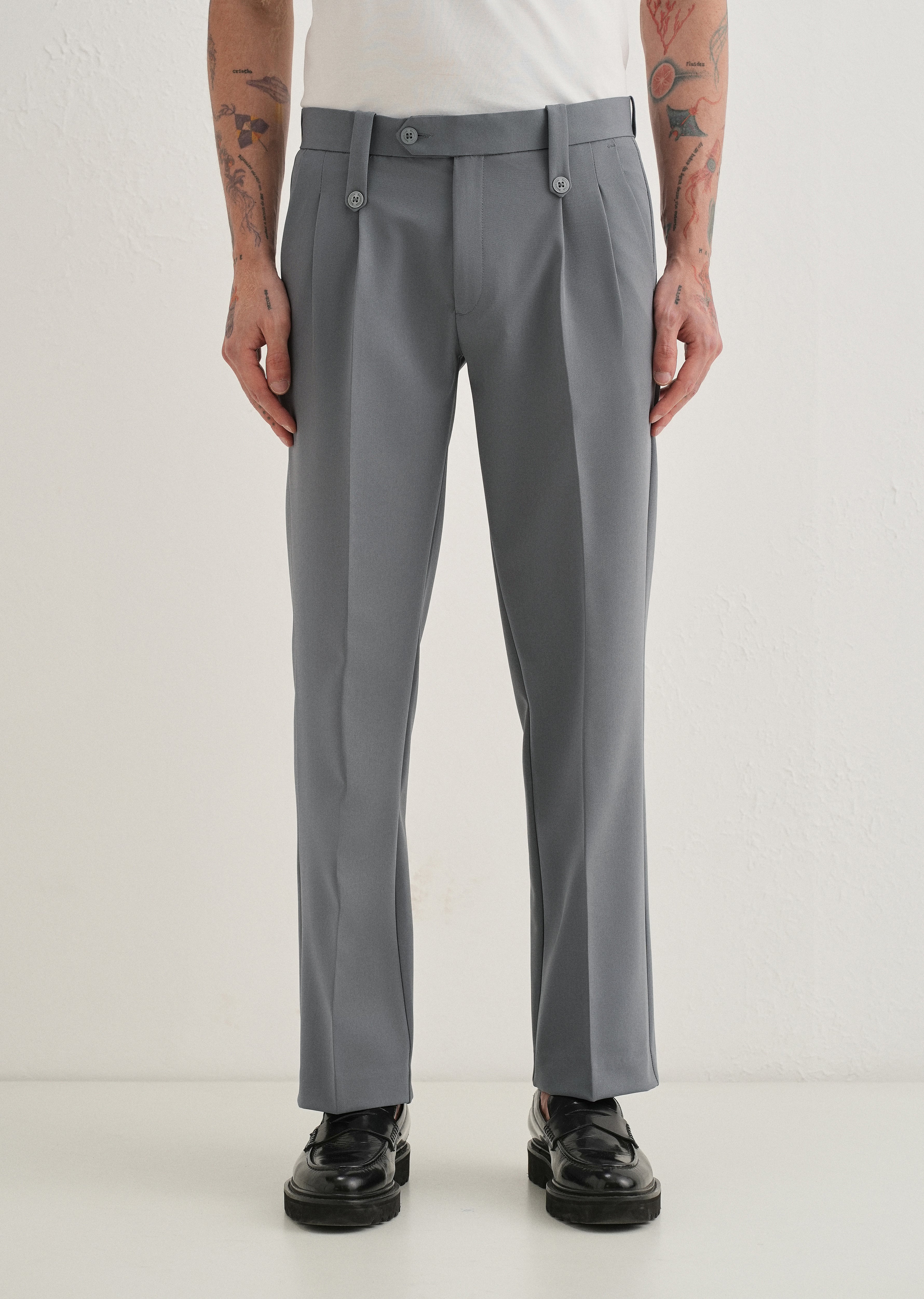 Dark Grey Button-Tab Pleat Trouser