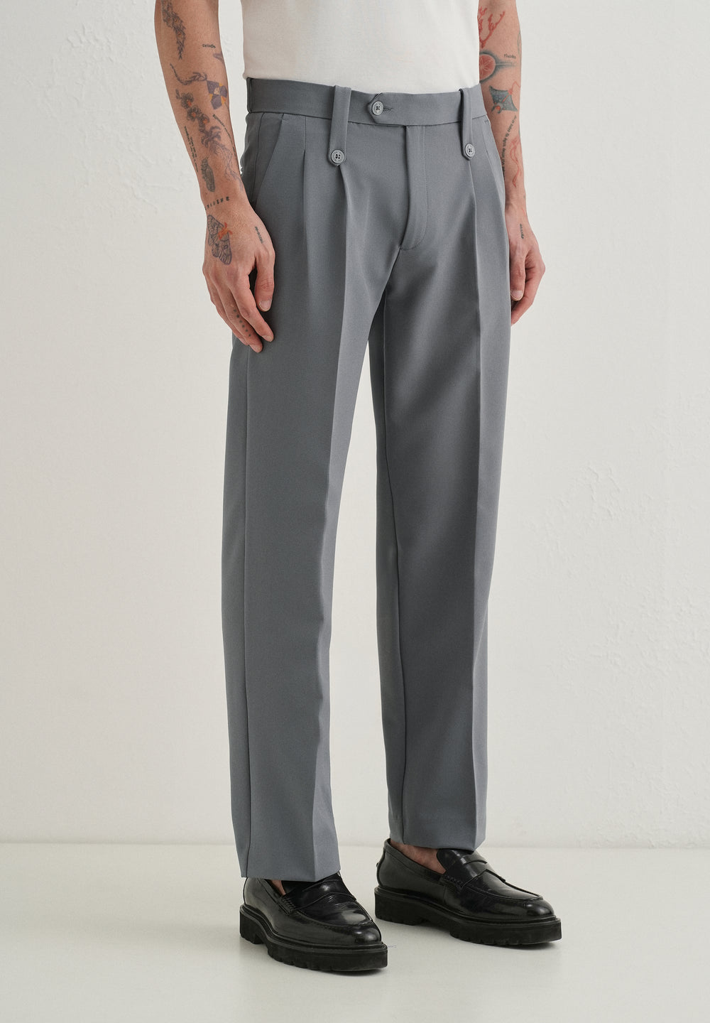Dark Grey Button-Tab Pleat Trouser