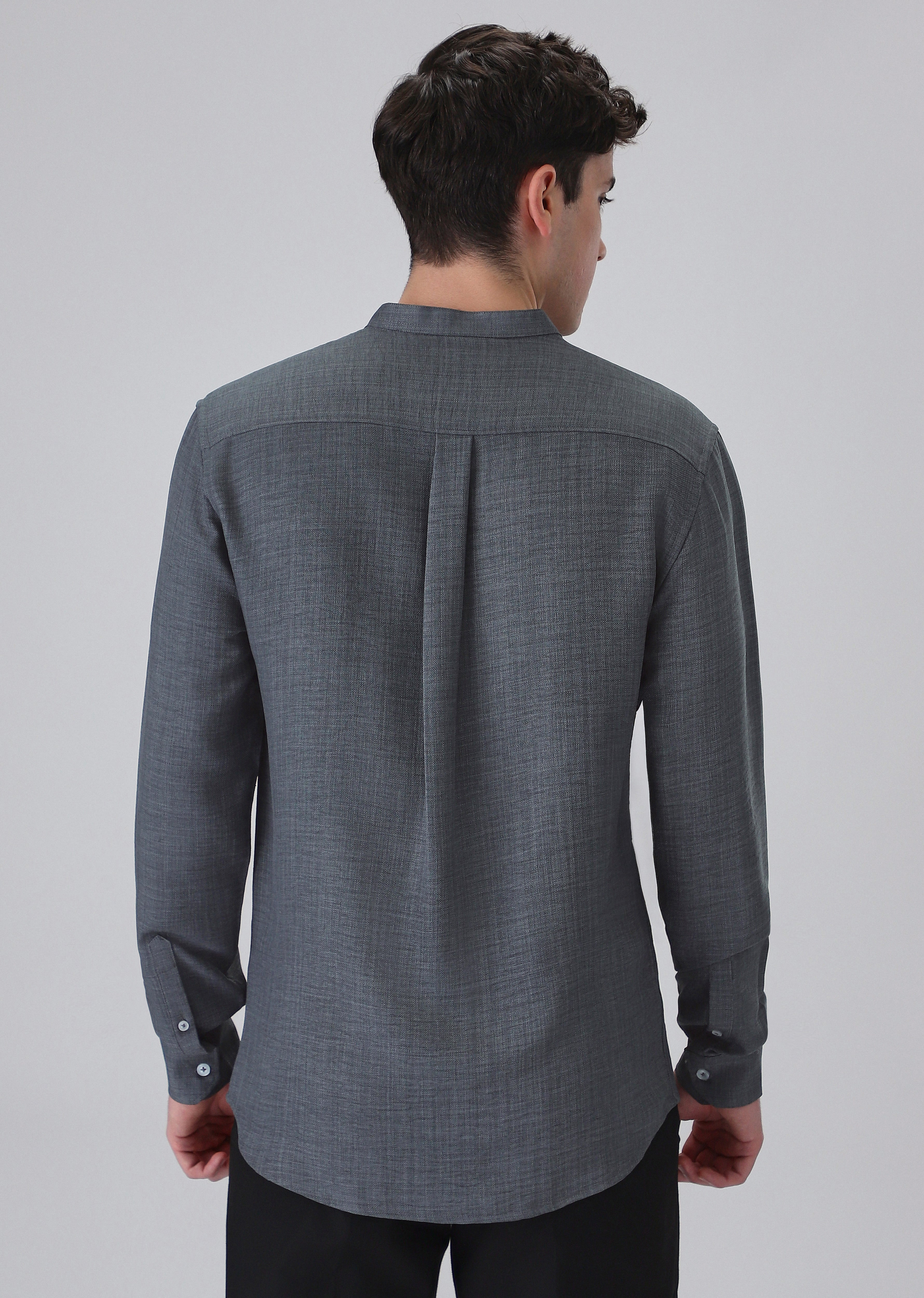 Dark Grey Plain Mandarin Collar Shirt