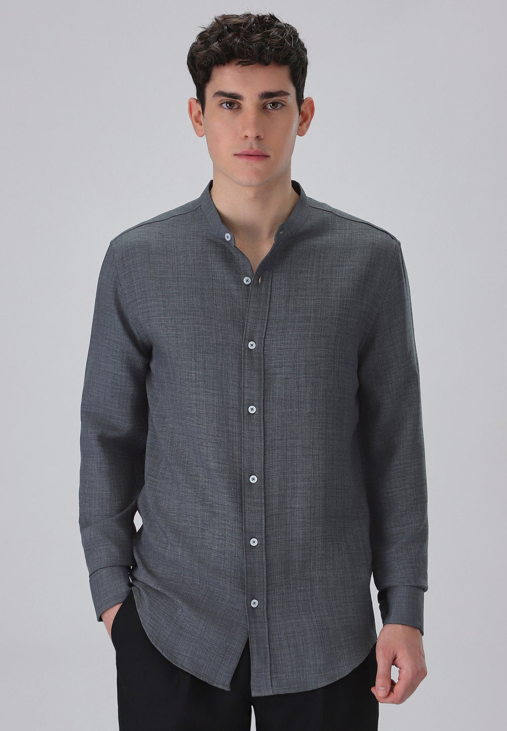 Dark Grey Plain Mandarin Collar Shirt