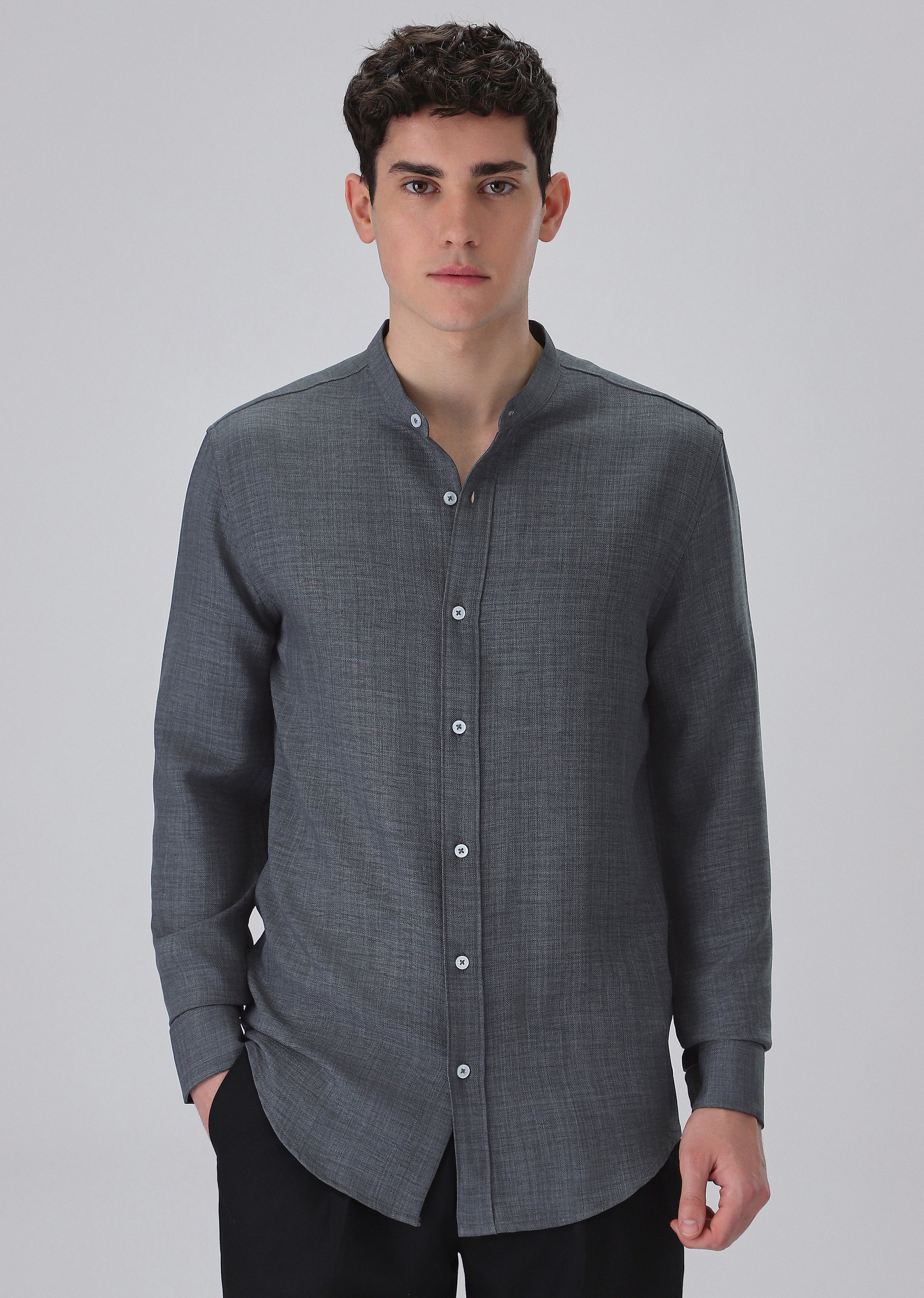 Dark Grey Plain Mandarin Collar Shirt