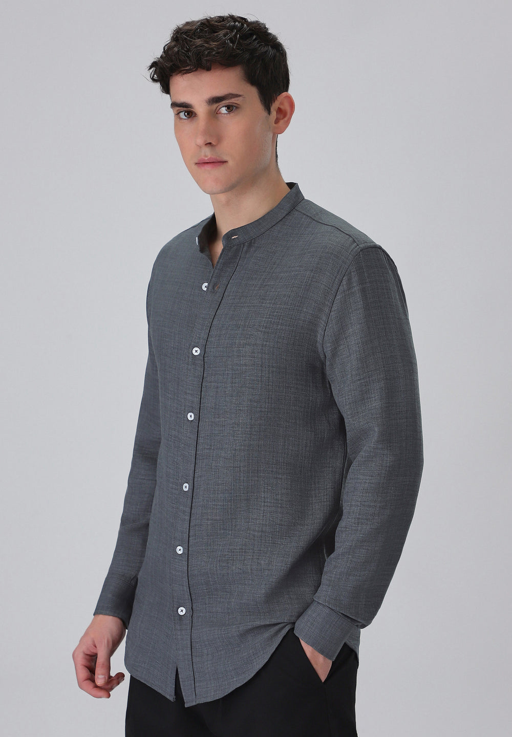 Dark Grey Plain Mandarin Collar Shirt