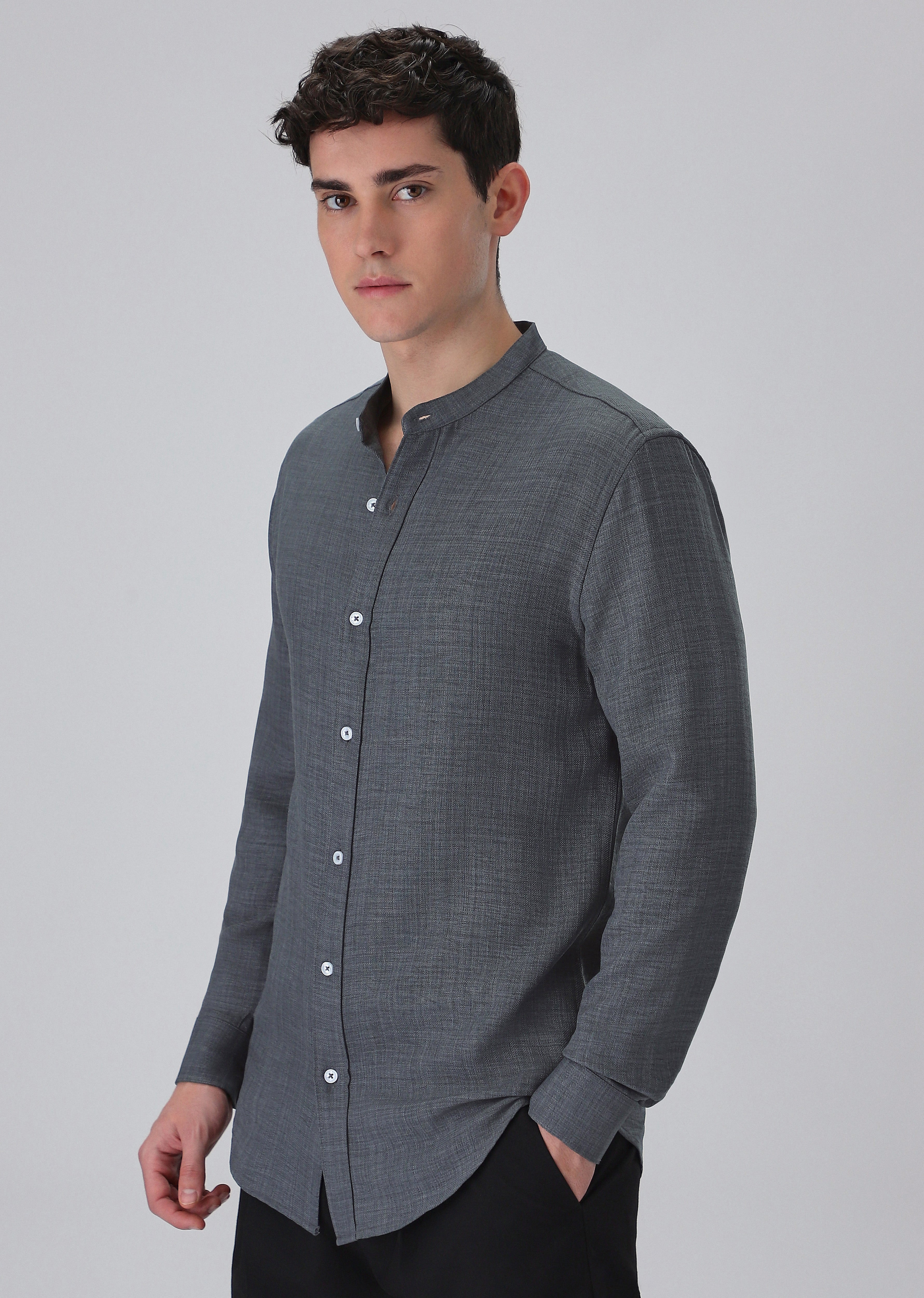 Dark Grey Plain Mandarin Collar Shirt