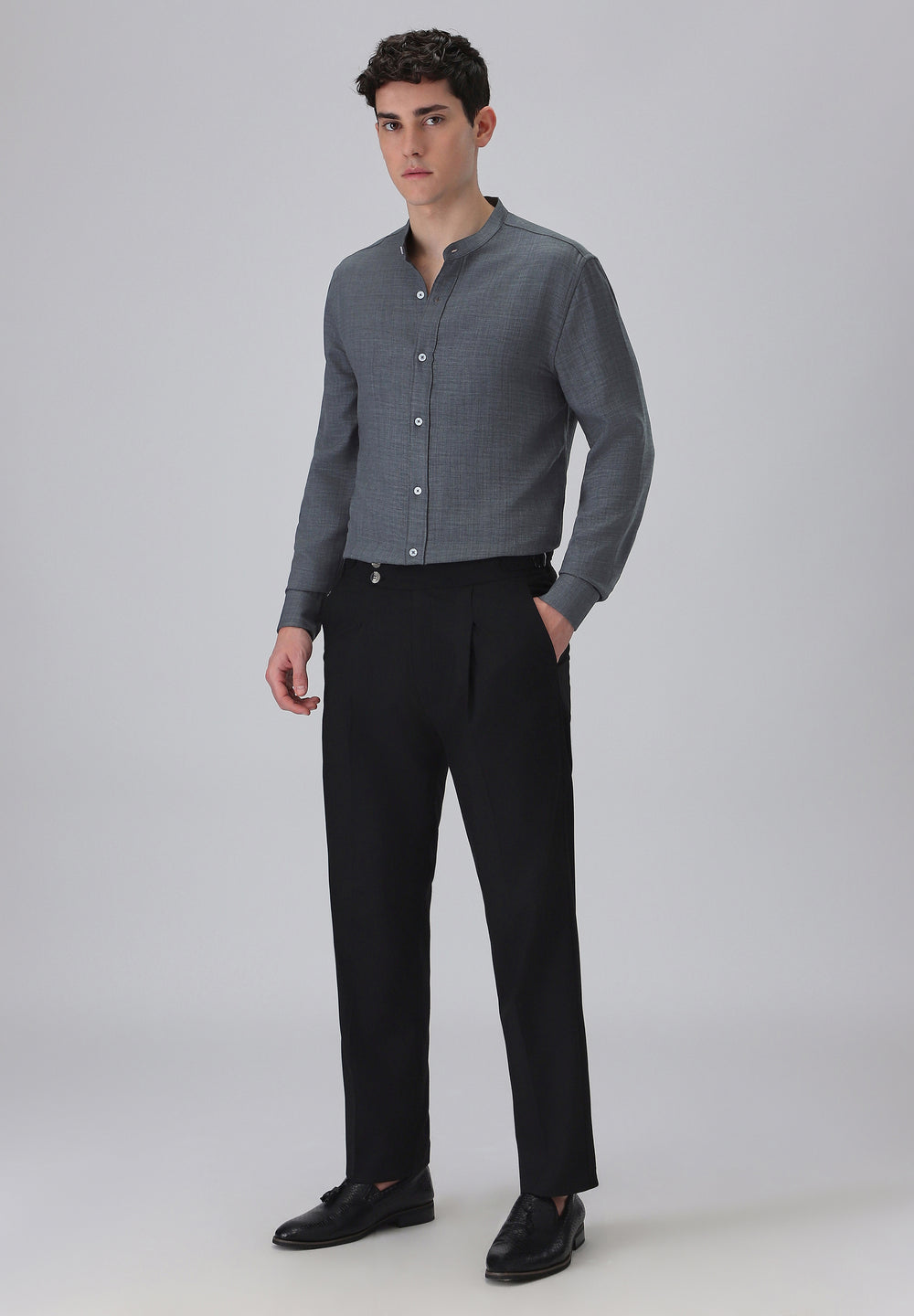 Dark Grey Plain Mandarin Collar Shirt