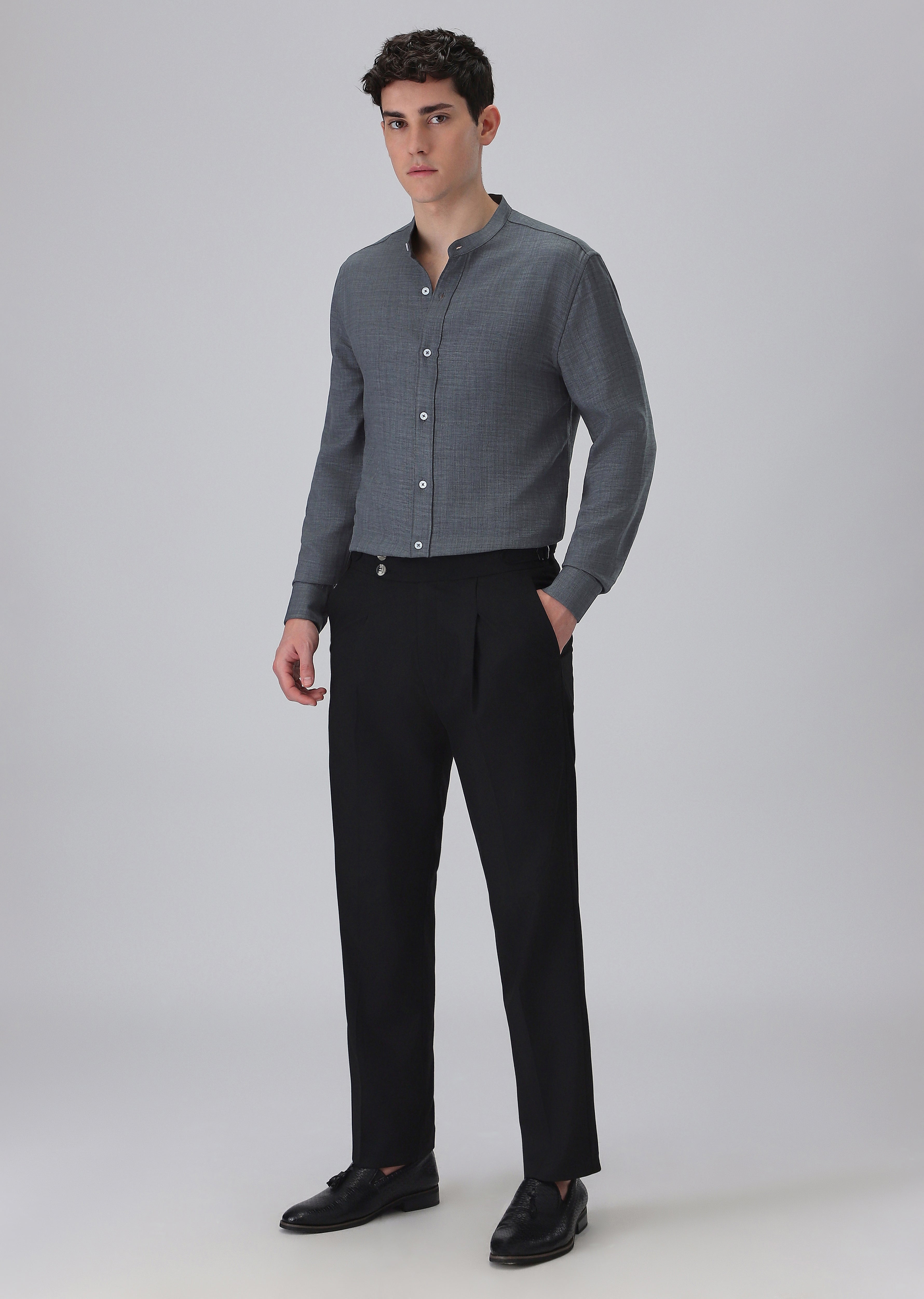 Dark Grey Plain Mandarin Collar Shirt