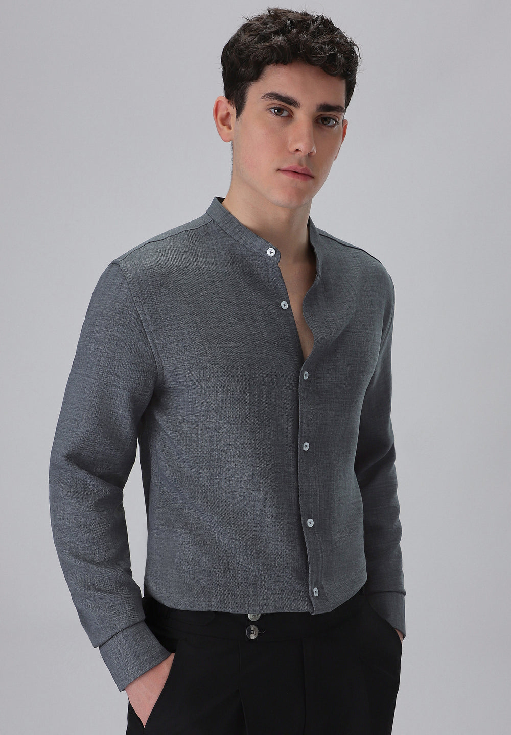 Dark Grey Plain Mandarin Collar Shirt