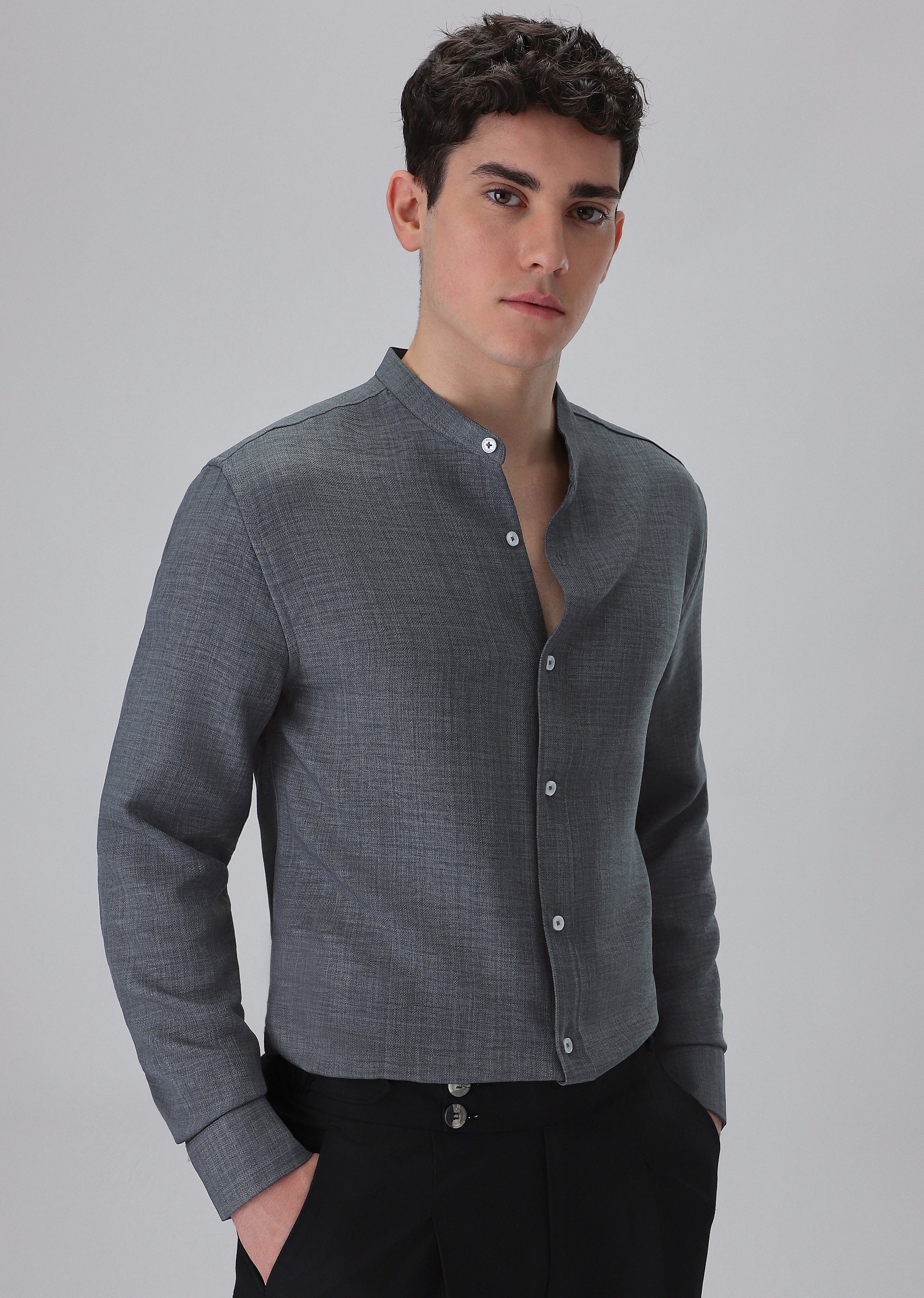 Dark Grey Mandarin Collar Shirt