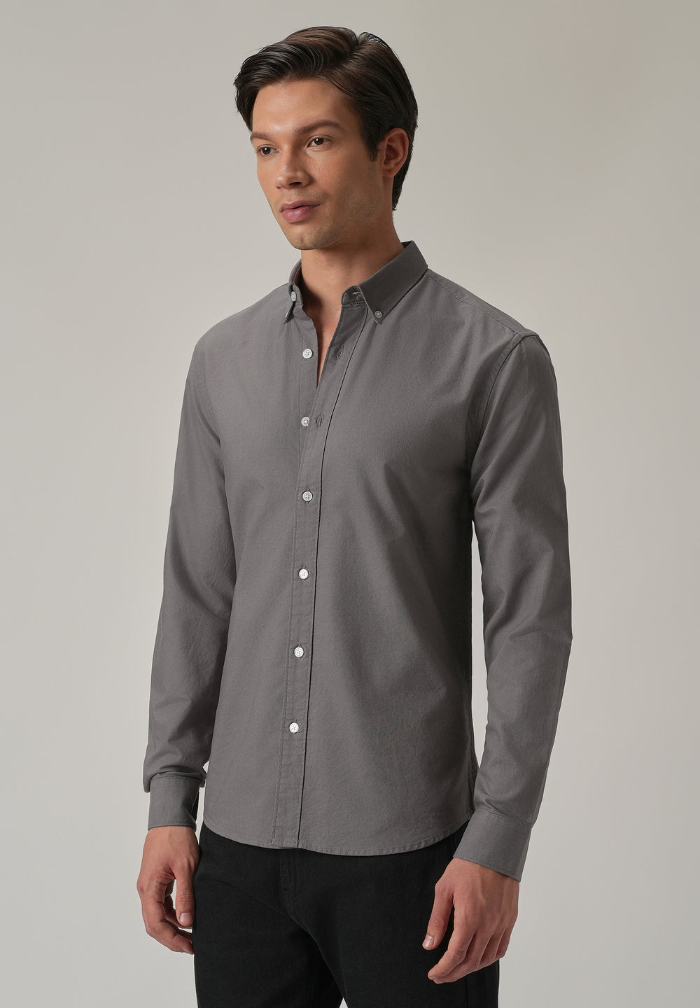 Dark Grey Plain Elbow Patch Oxford Shirt