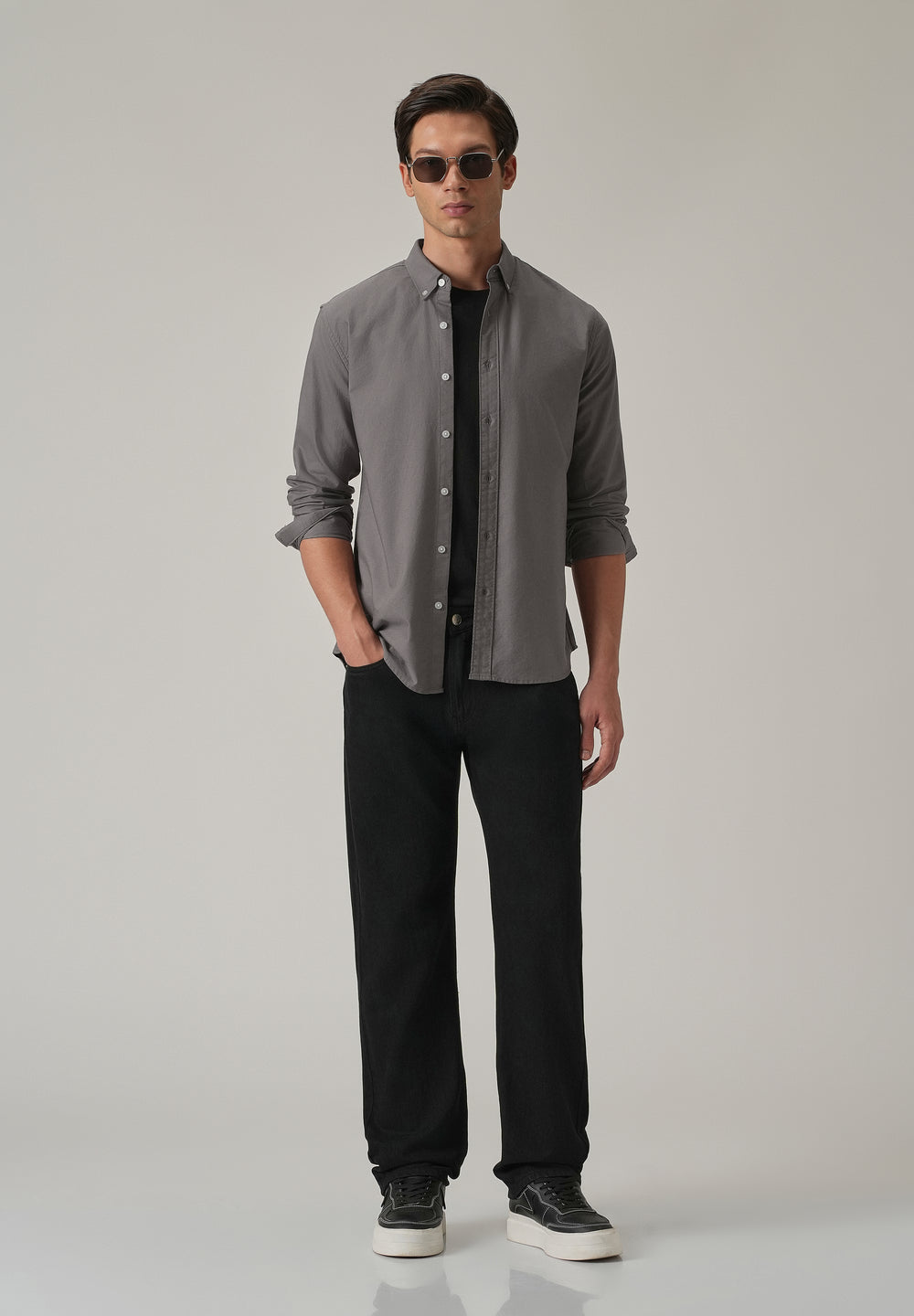 Dark Grey Plain Elbow Patch Oxford Shirt