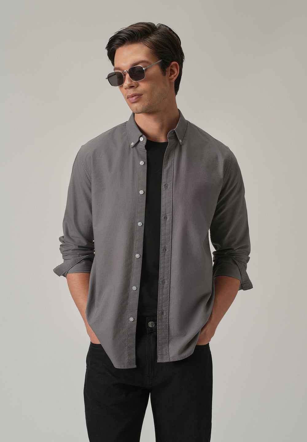 Dark Grey Plain Elbow Patch Oxford Shirt