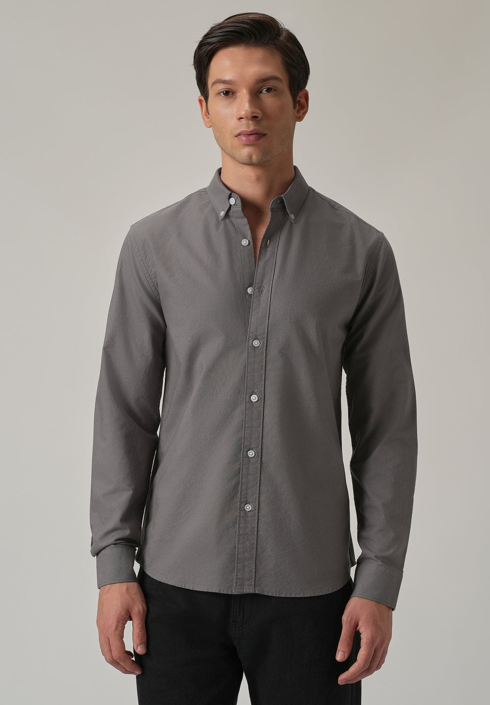 Dark Grey Plain Elbow Patch Oxford Shirt