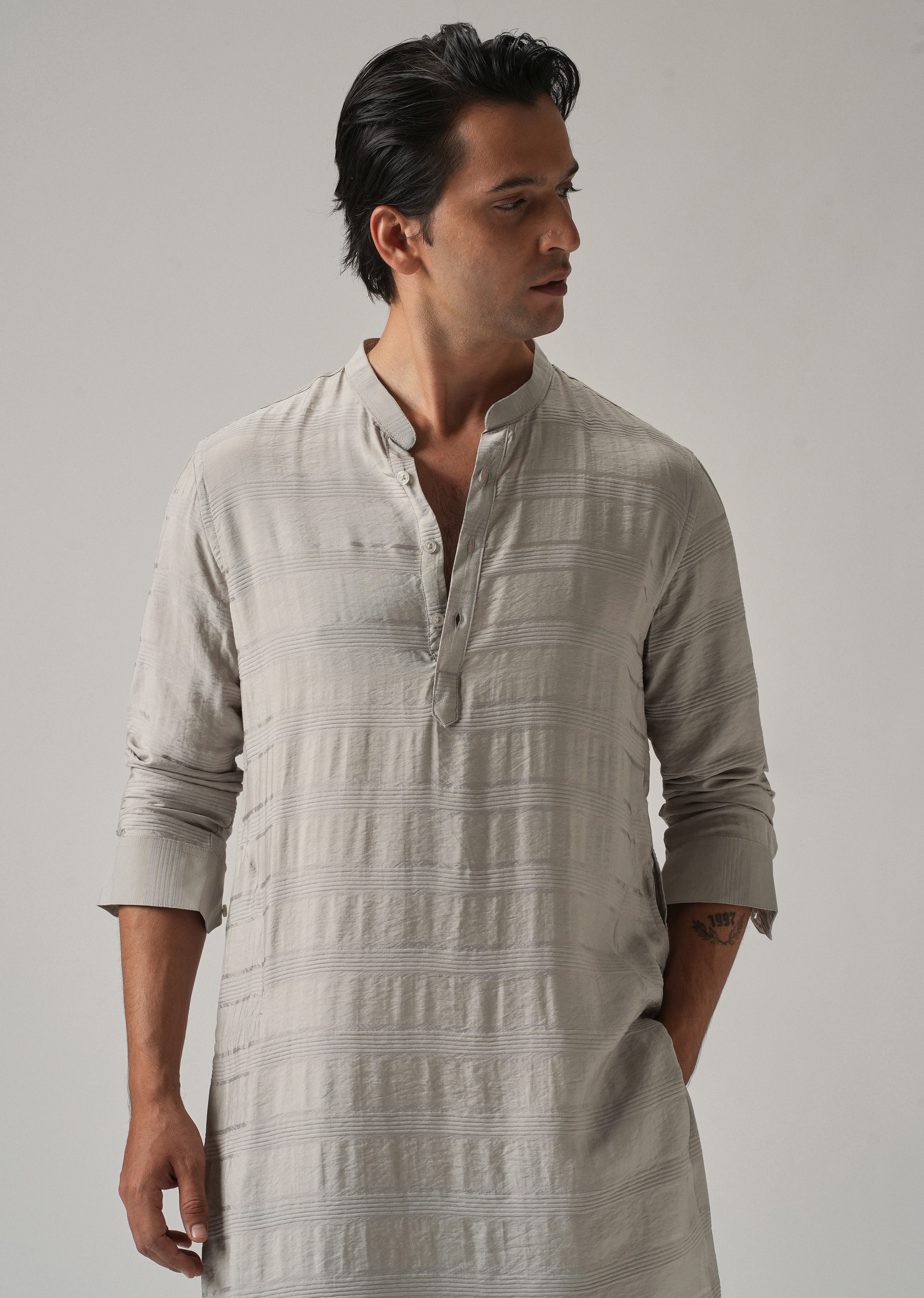 Dark Grey Nylon Subtle Stripe Kurta