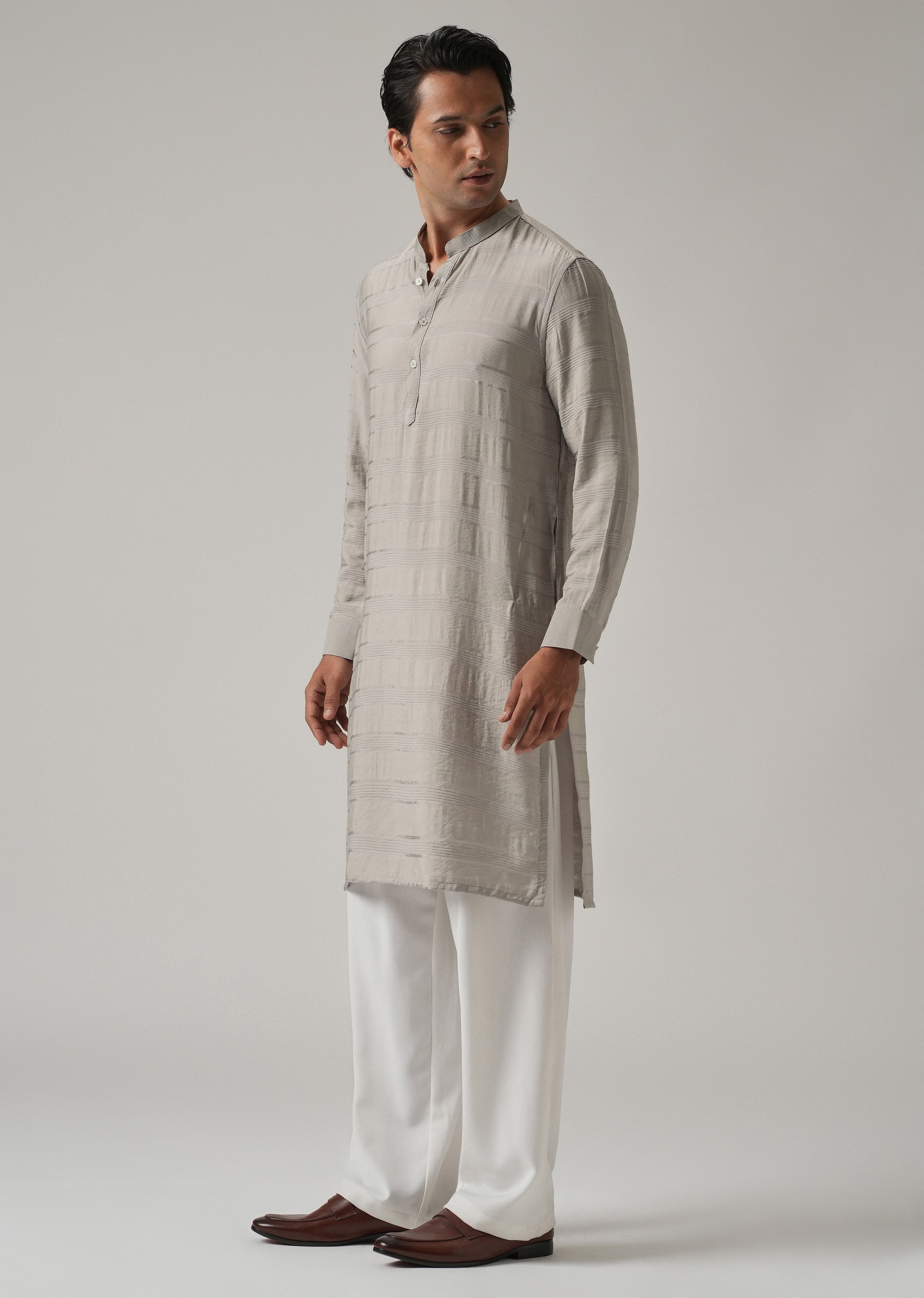 Dark Grey Nylon Subtle Stripe Kurta