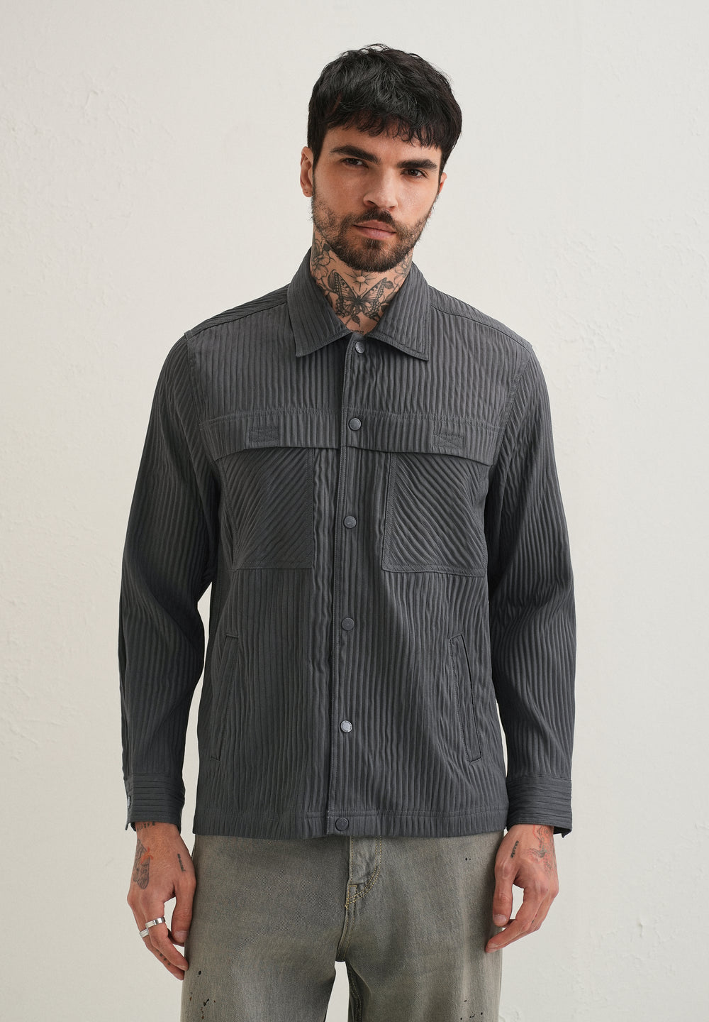 Dark Grey Textured Utility Shacket