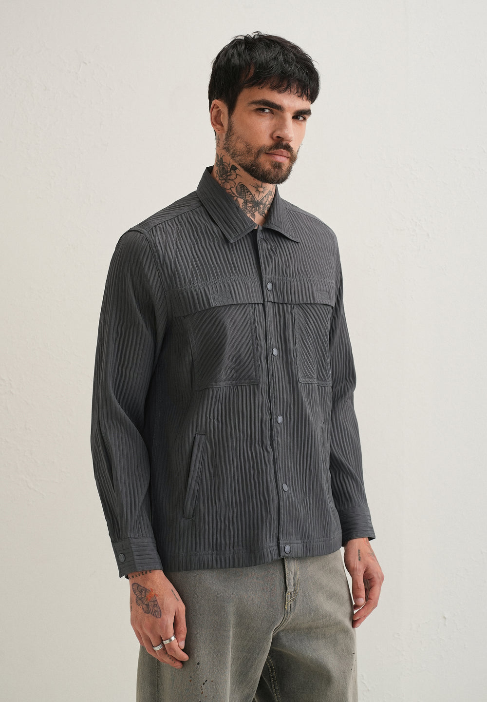 Dark Grey Textured Utility Shacket