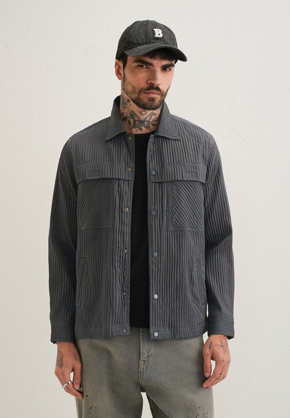 Dark Grey Textured Utility Shacket