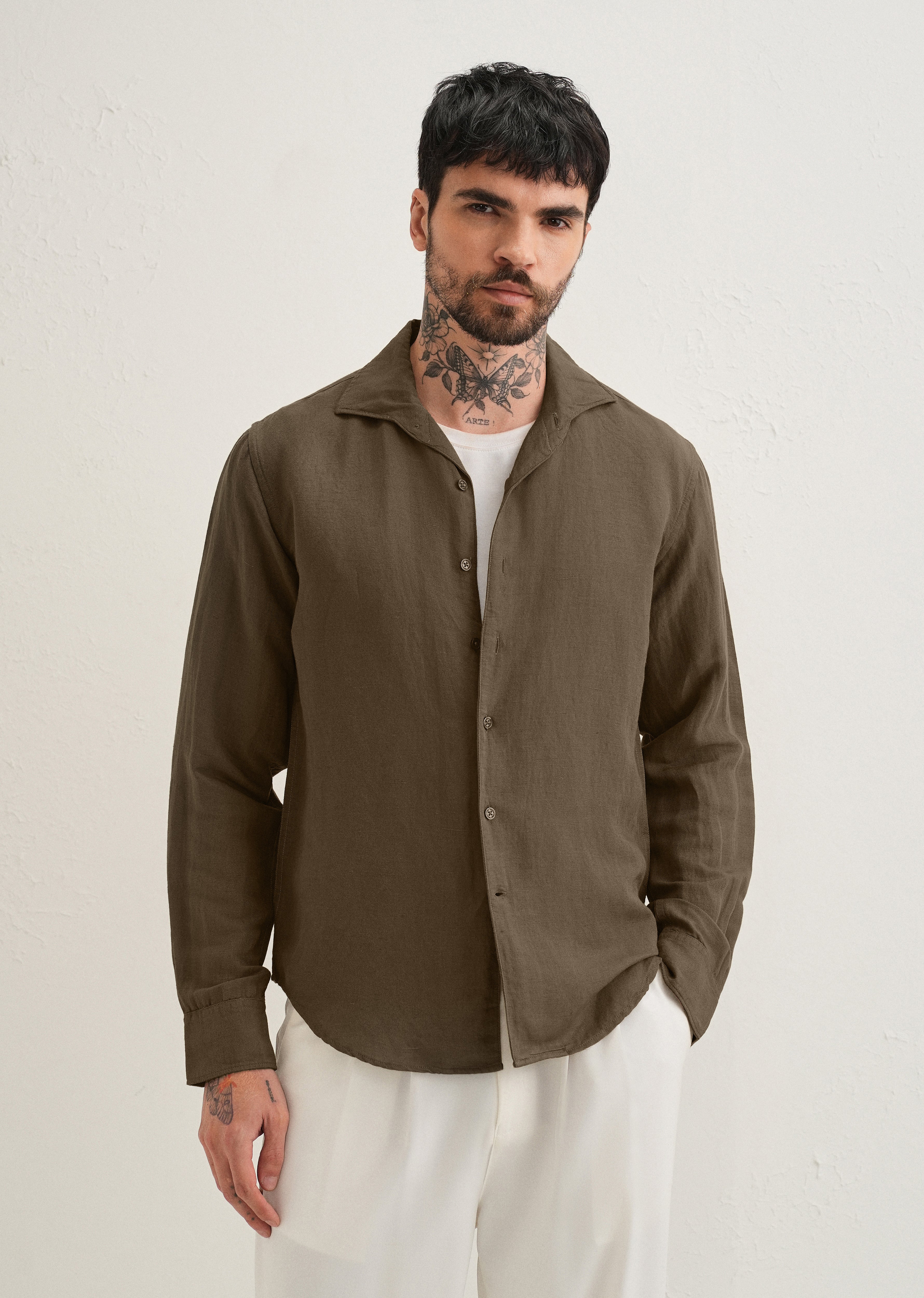 Dark Khaki Plain Linen Viscose Shirt