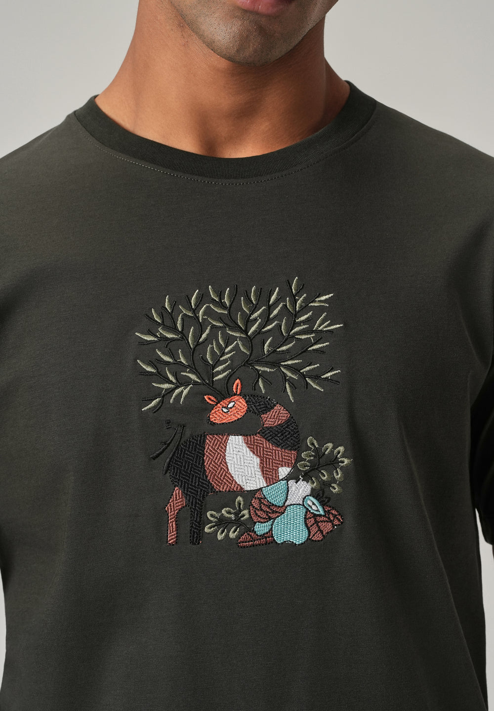 Dark Olive Chest Embroidered Slim Fit T-Shirt