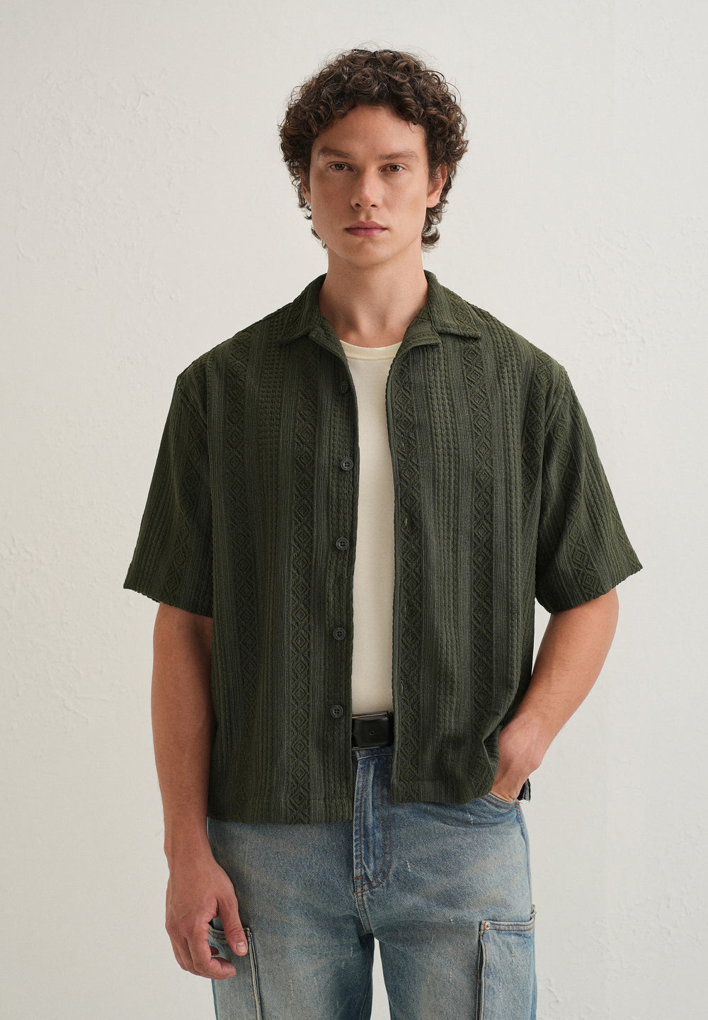 Dark Olive Green Geometric Textured Shirt