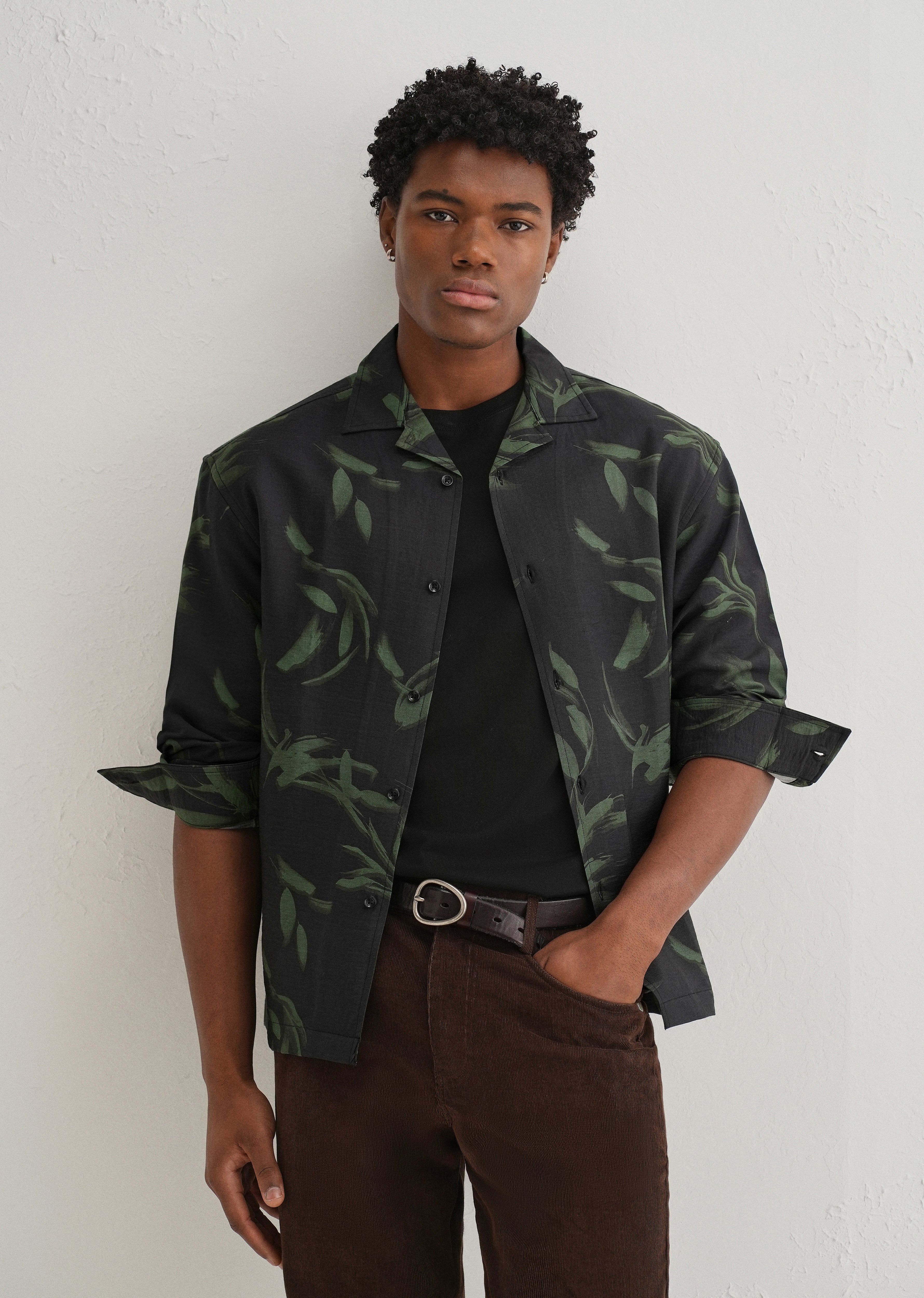 Dark Olive Leaf Printed Shirt