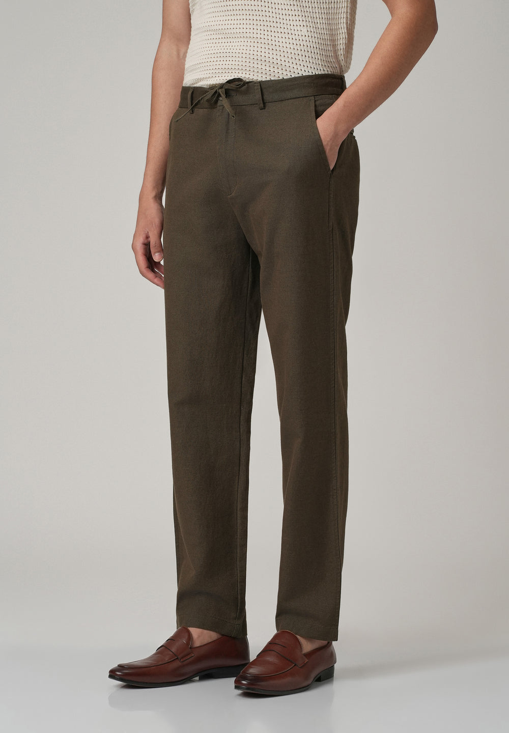 Dark Olive Linen Relaxed Fit Trouser
